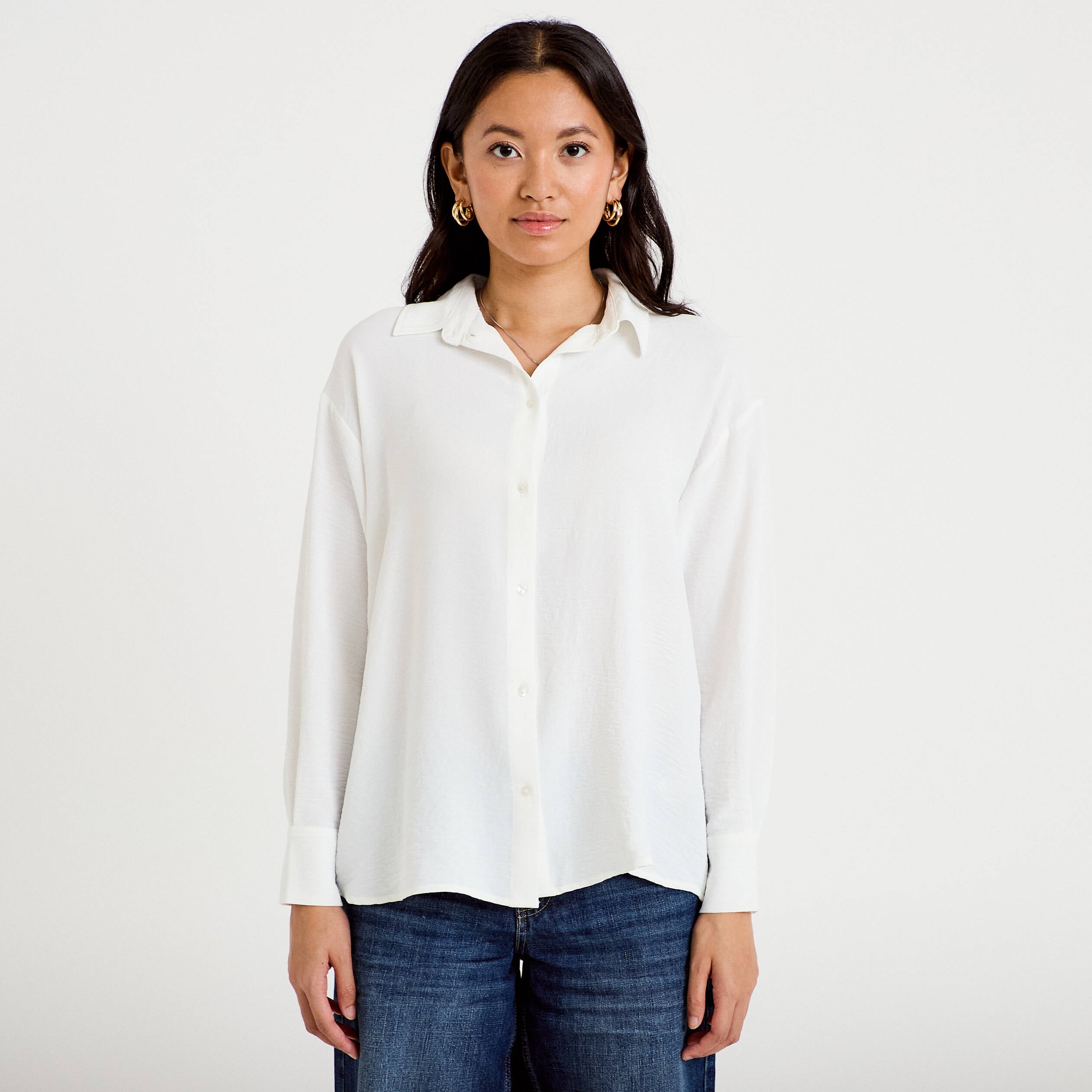 Chemise ample pliss&eacute;e manches longues ecru femme