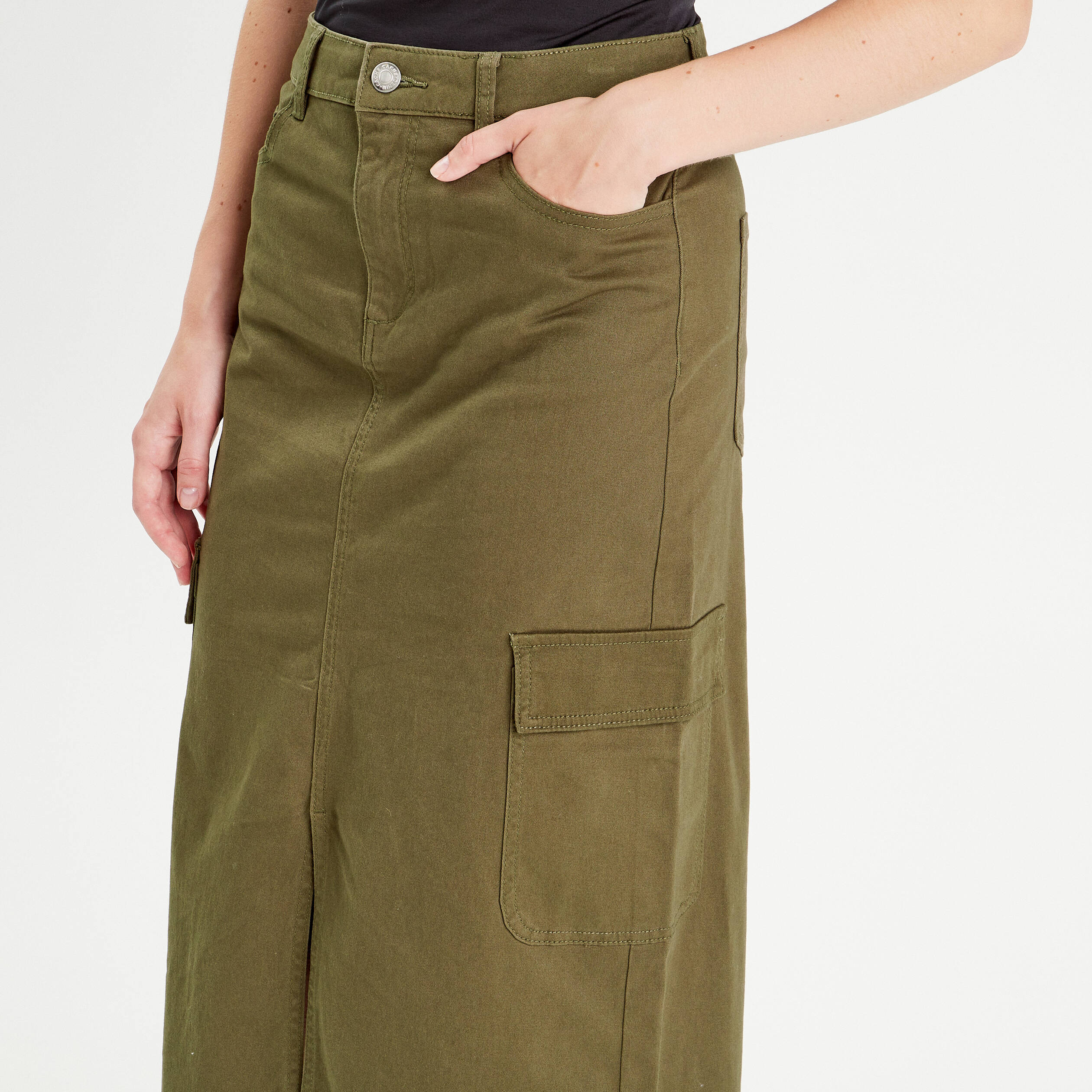 jupe midi droite poches rabats vert fonce femme Jupe midi droite poches rabats vert foncé femme