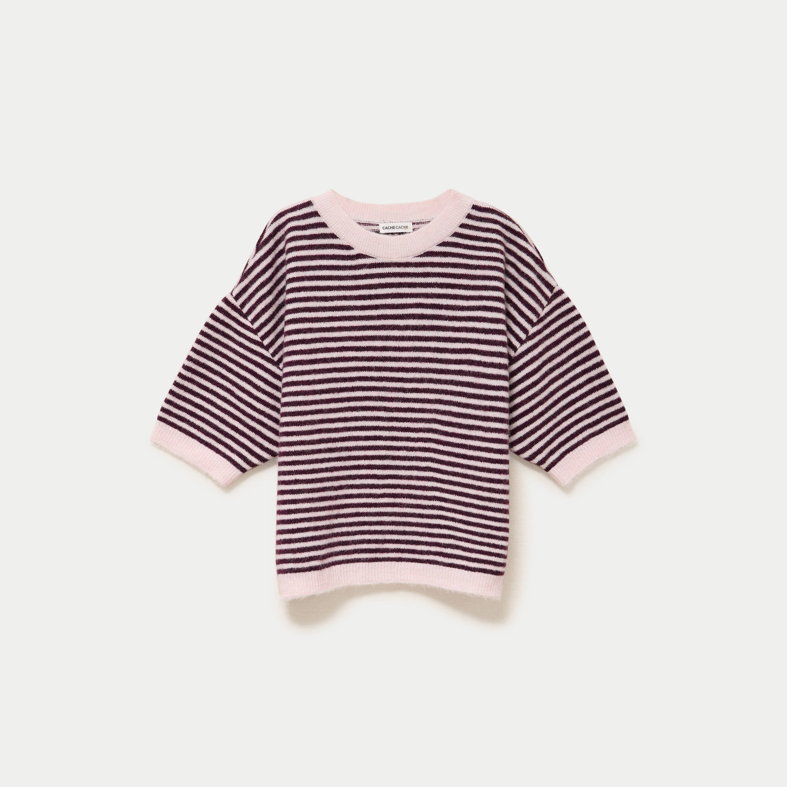 Pull ample duveteux manches courtes prune femme