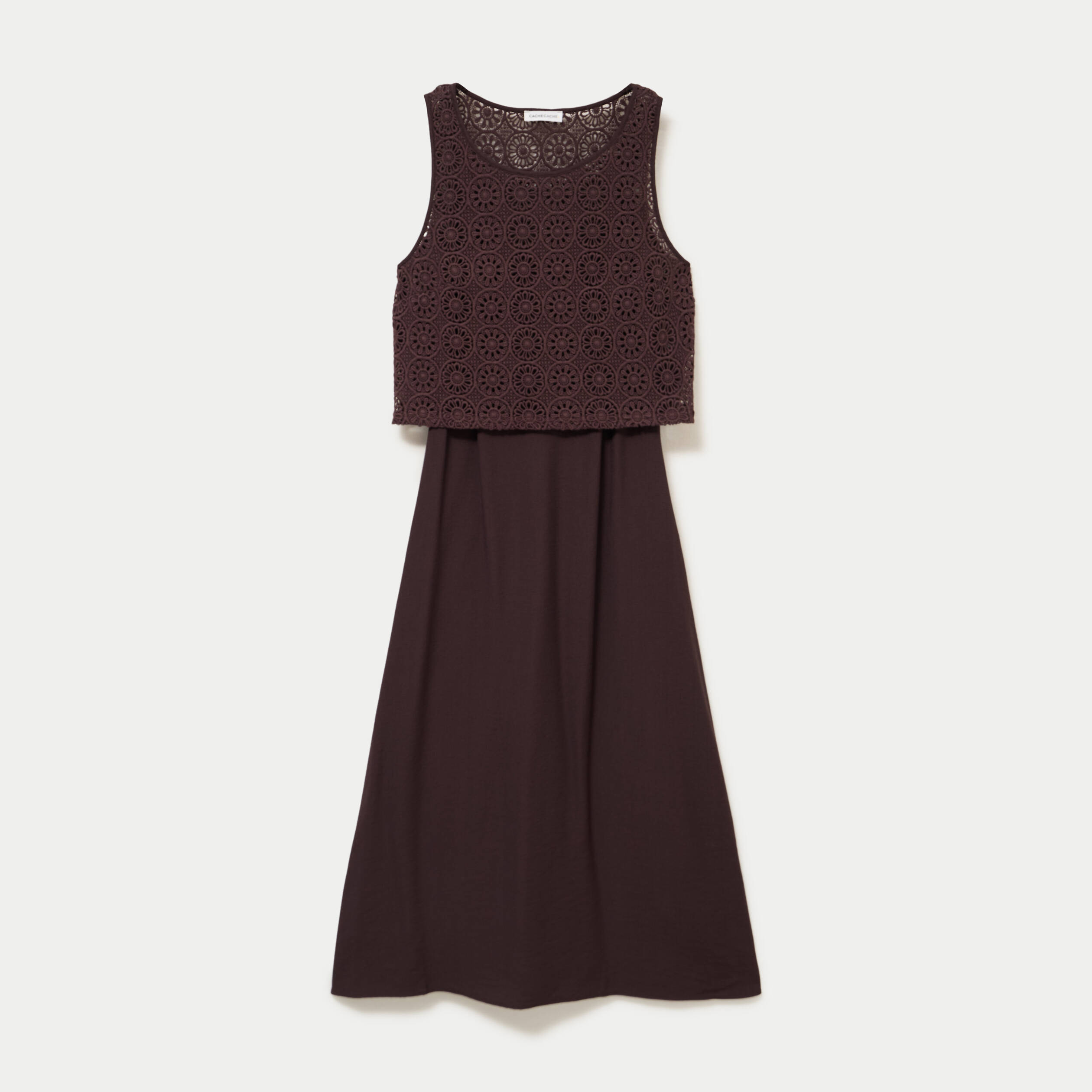 Robe longue bi-mati&egrave;re col rond marron fonc&eacute; femme