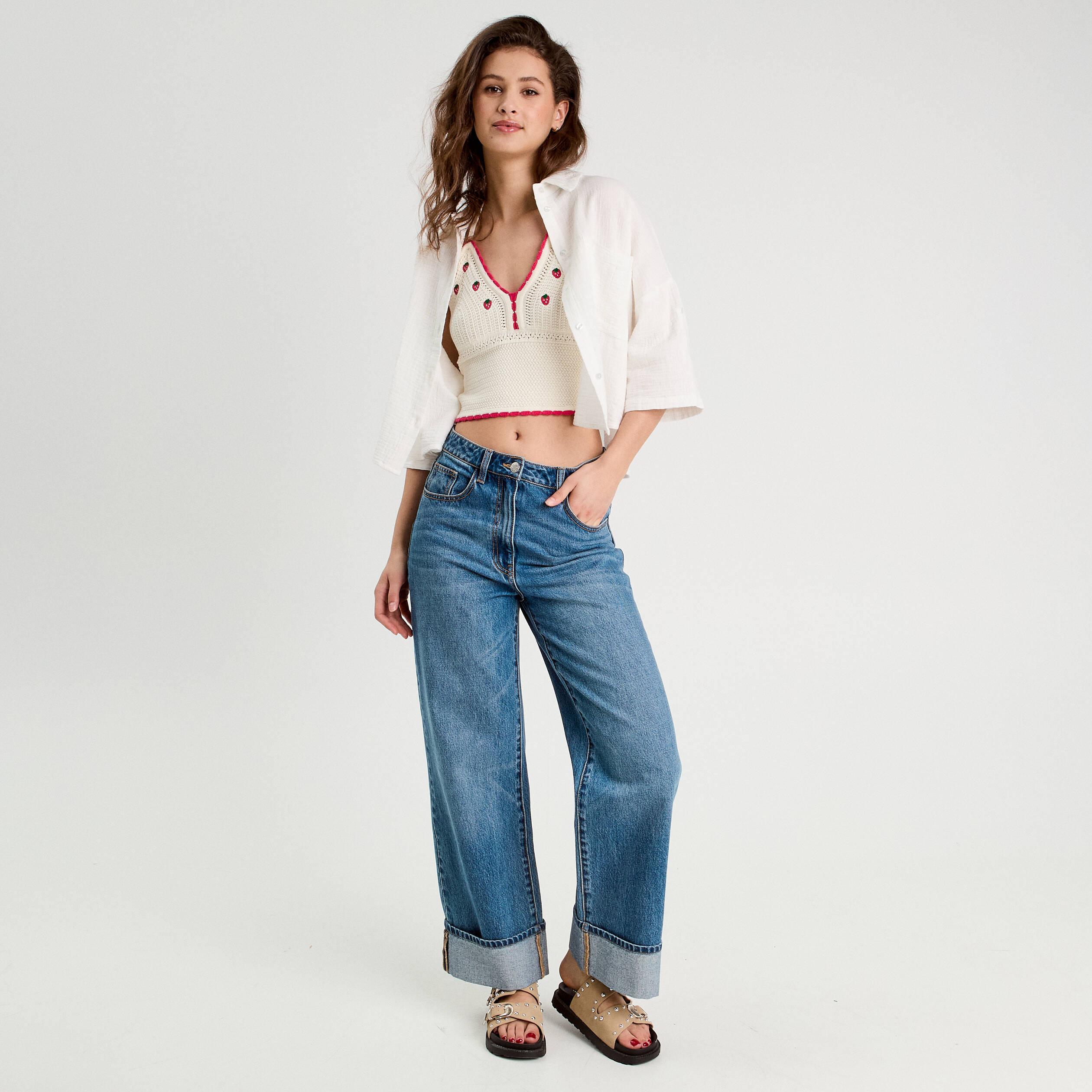 Crop top tricot brod&eacute; ecru femme