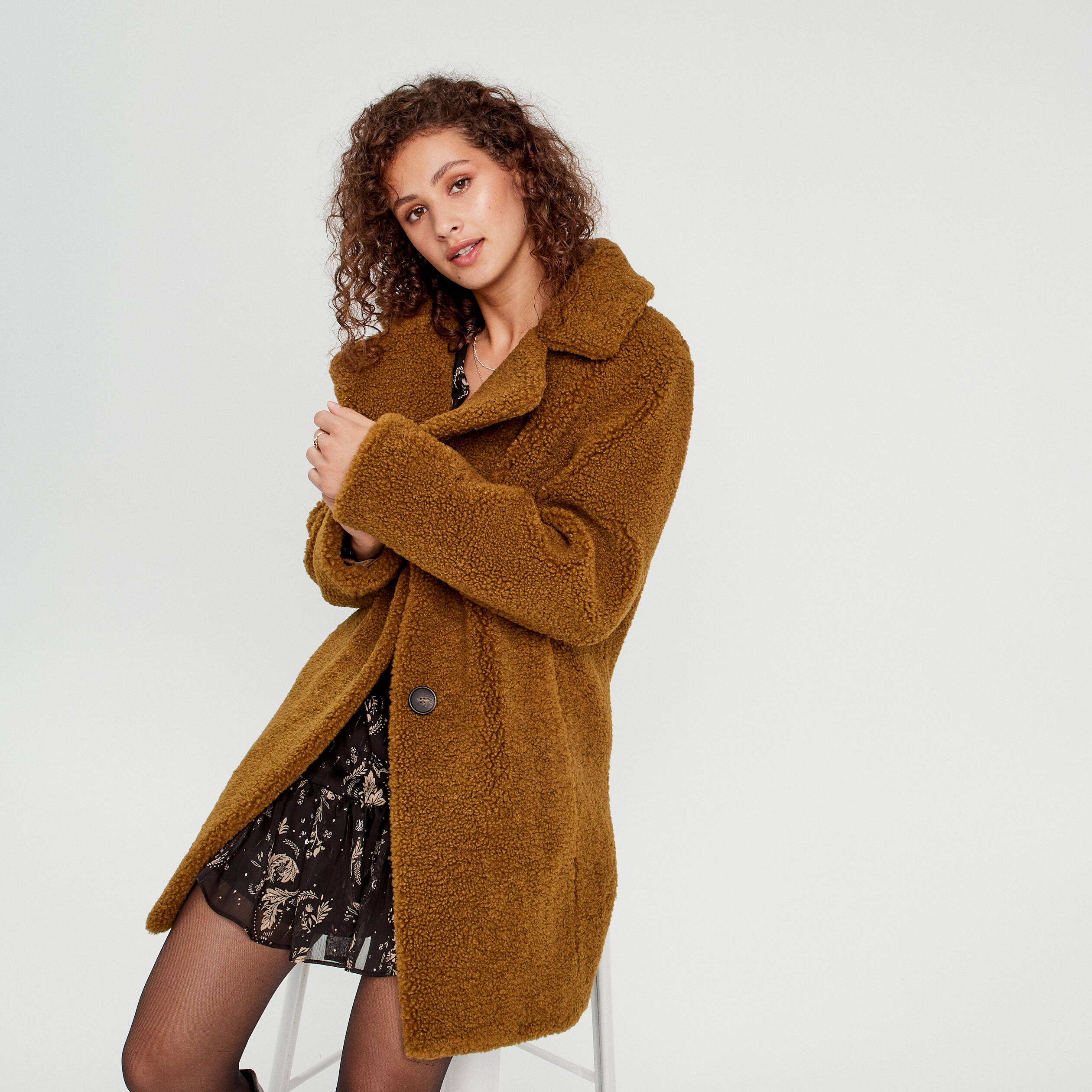 Manteau bouclette boutonné vert olive femme Vibs - Main Image