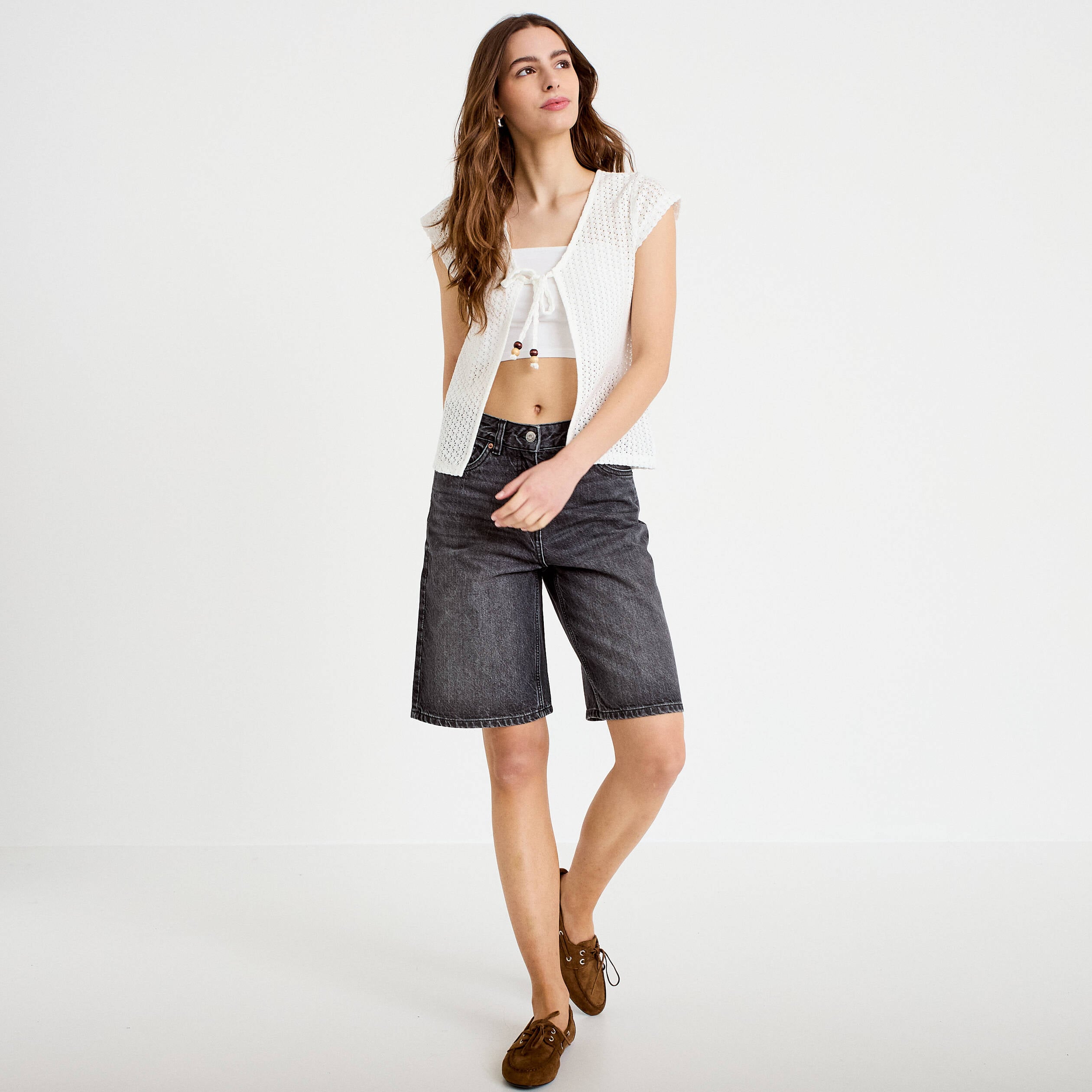 Gilet manches courtes aspect dentelle ecru femme
