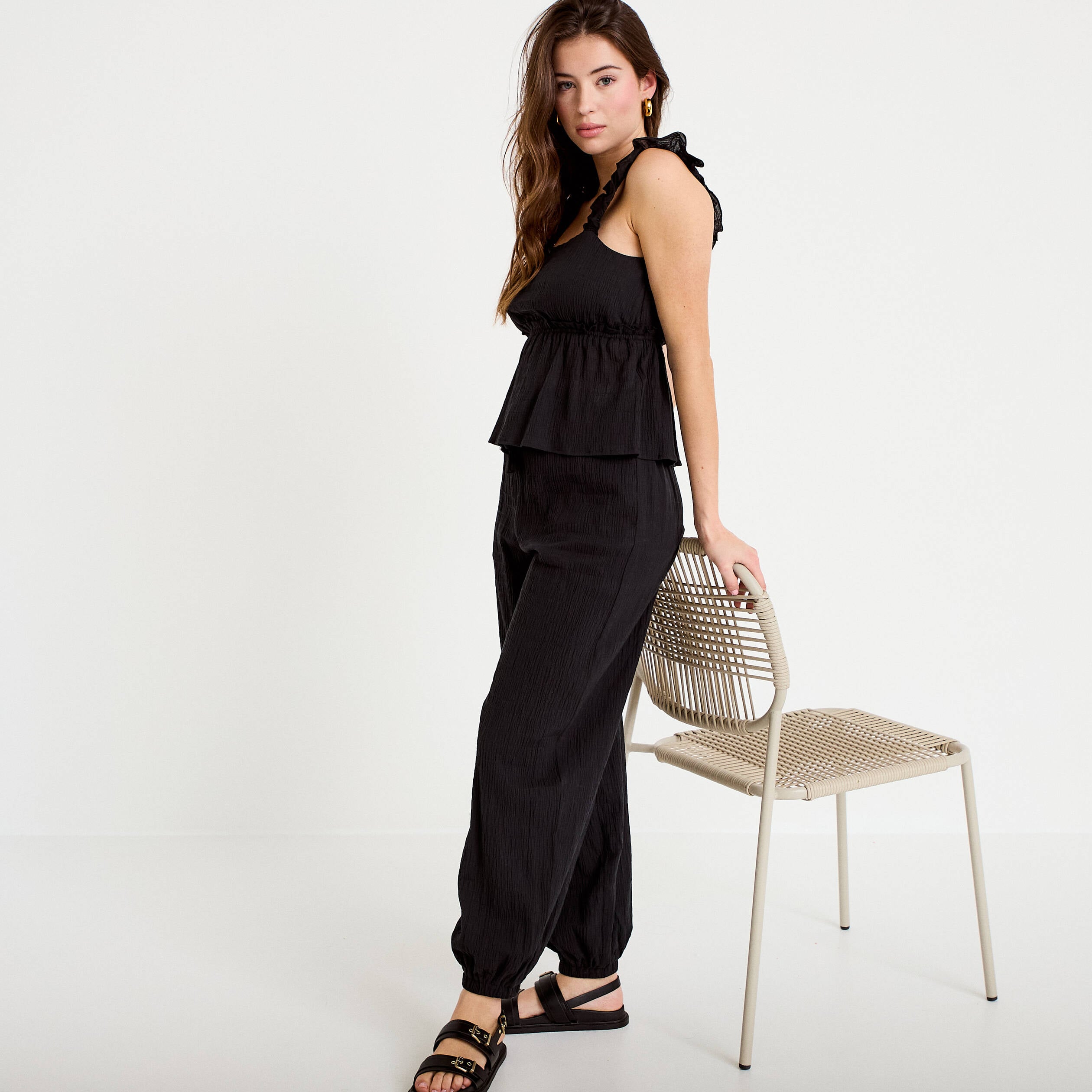 Pantalon large taille haute pliss&eacute; noir femme