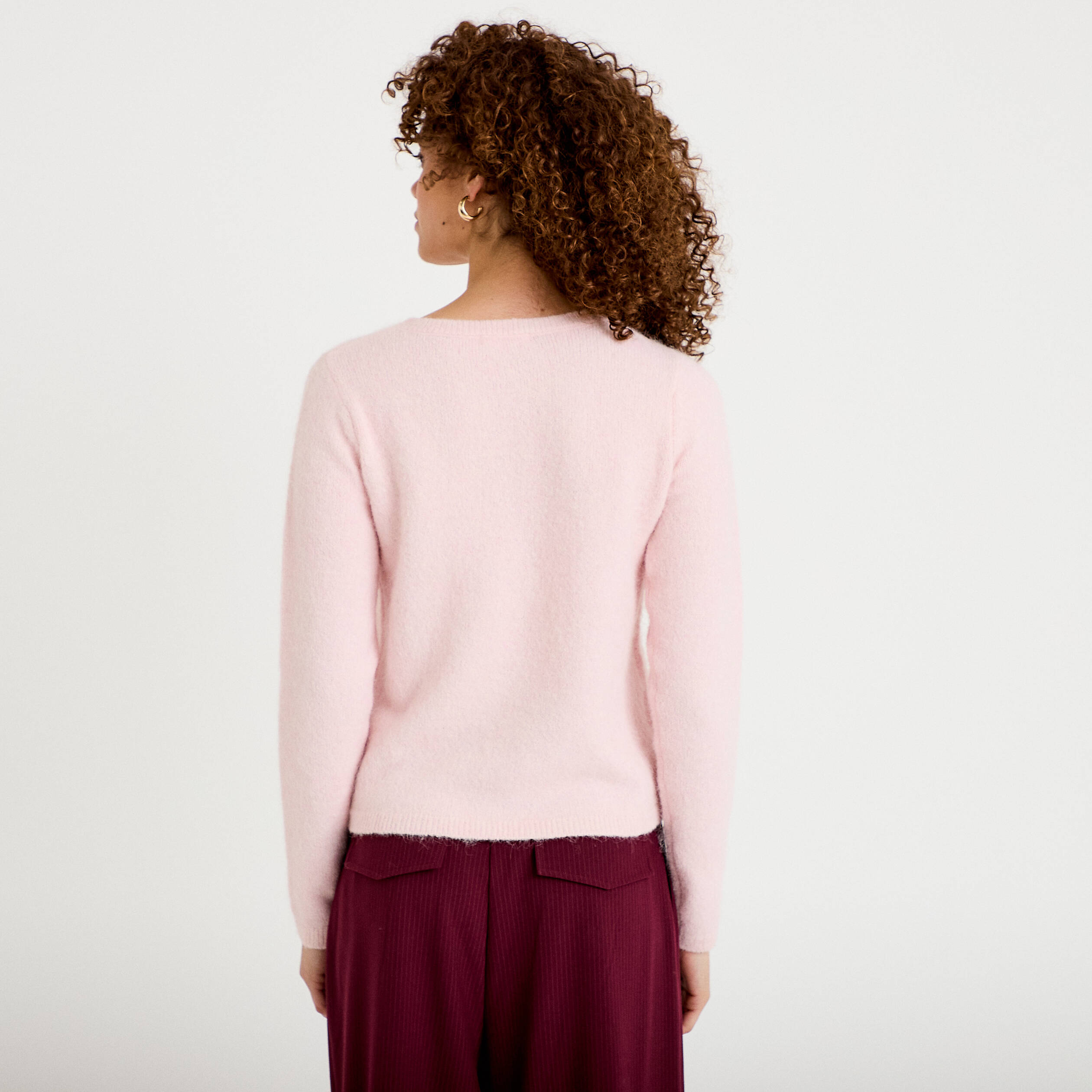 Gilet col rond manches longues rose clair femme