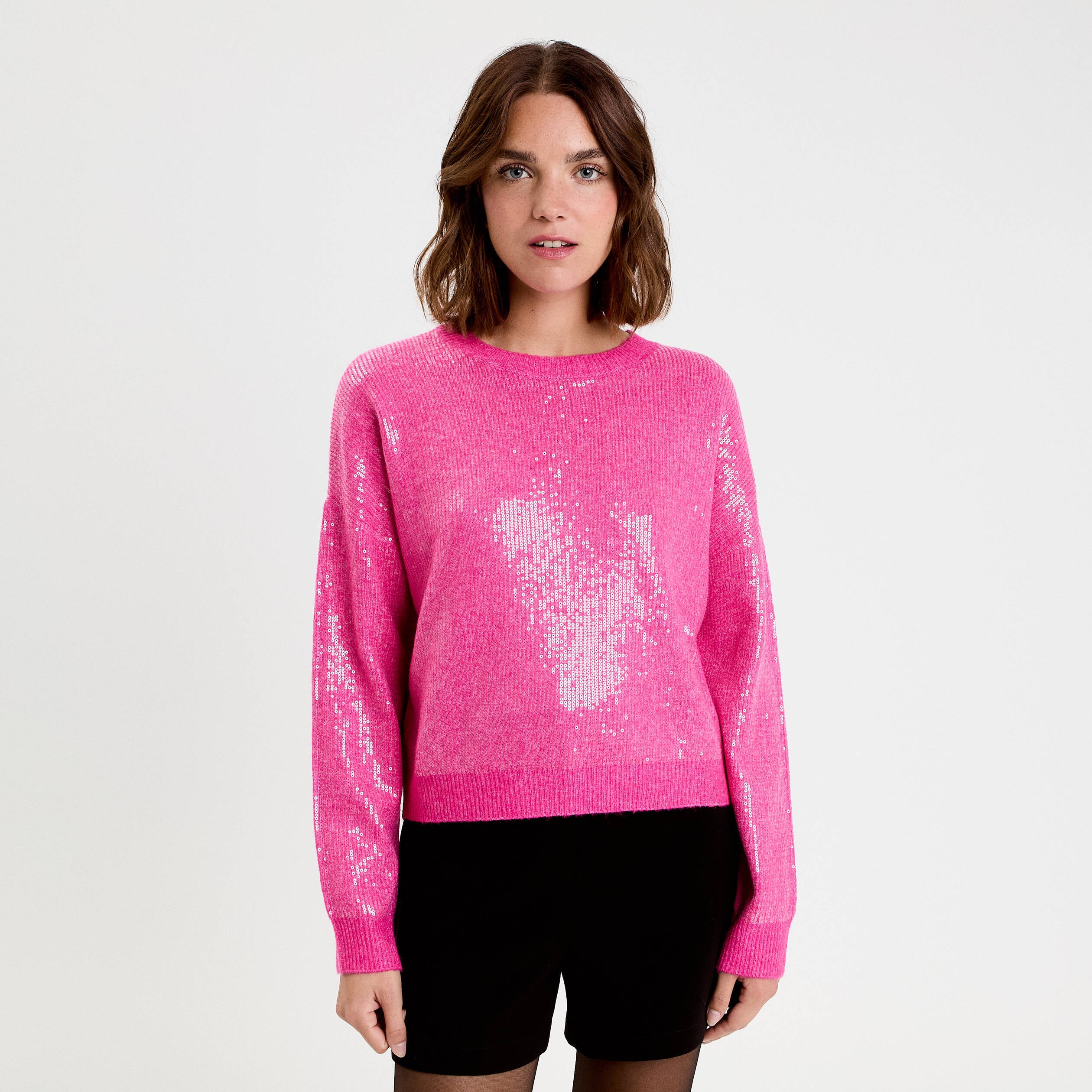 Pull manches longues avec sequins rose fushia femme