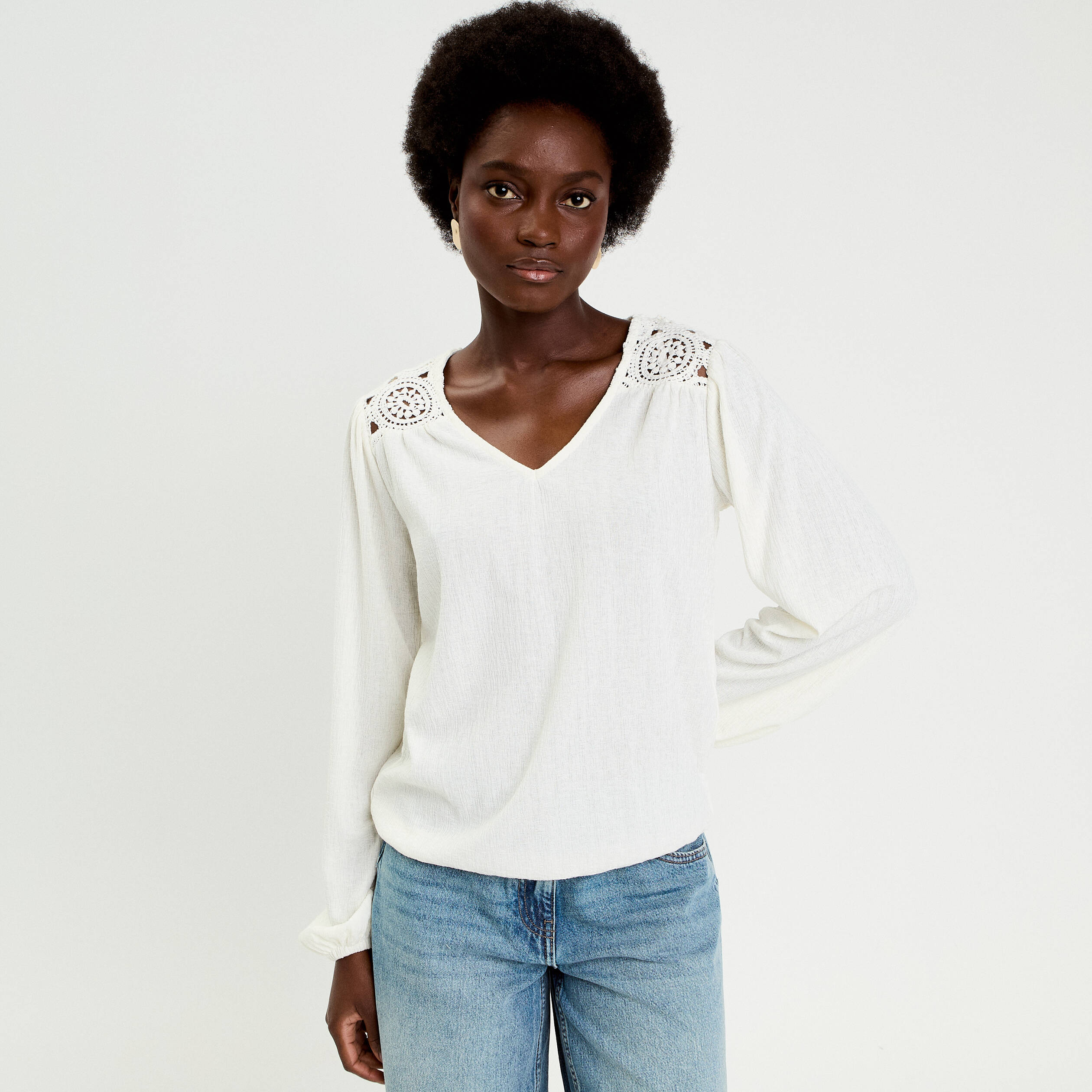 Blouse macram&eacute; bas &eacute;lastiqu&eacute; ecru femme