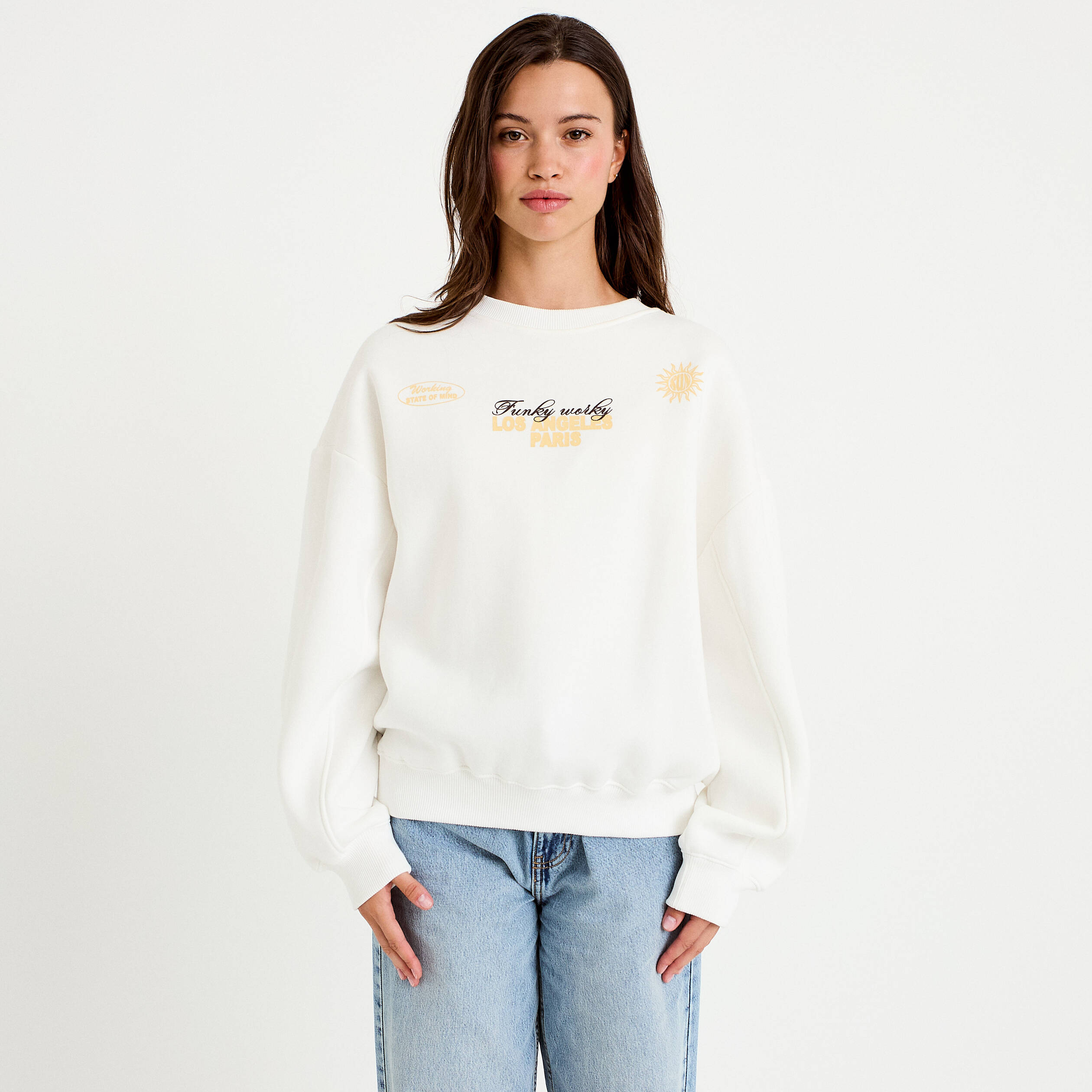 Sweat col rond manches longues ecru femme
