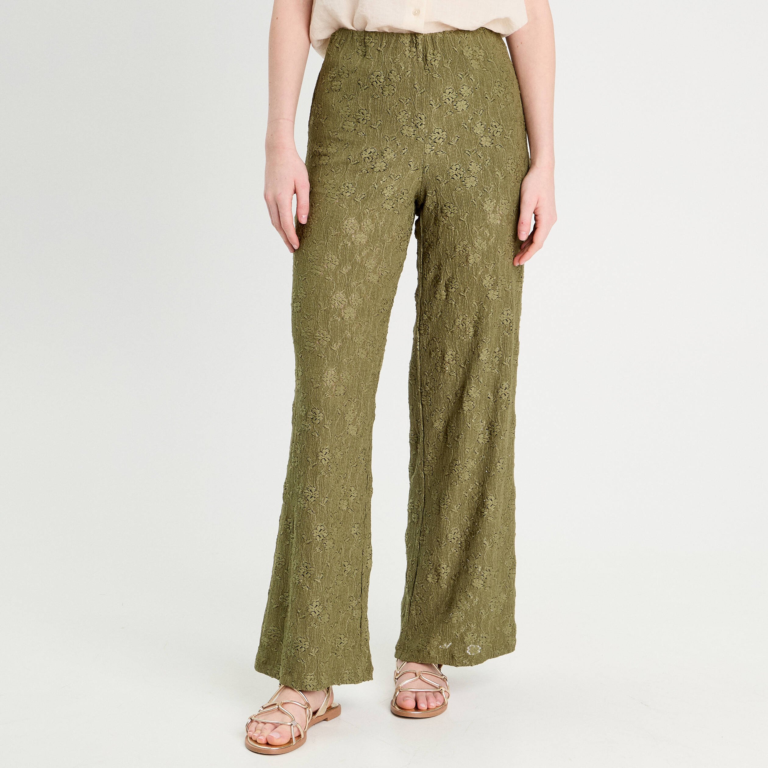 pantalon large ajoure vert kaki femme Pantalon large ajouré vert kaki femme