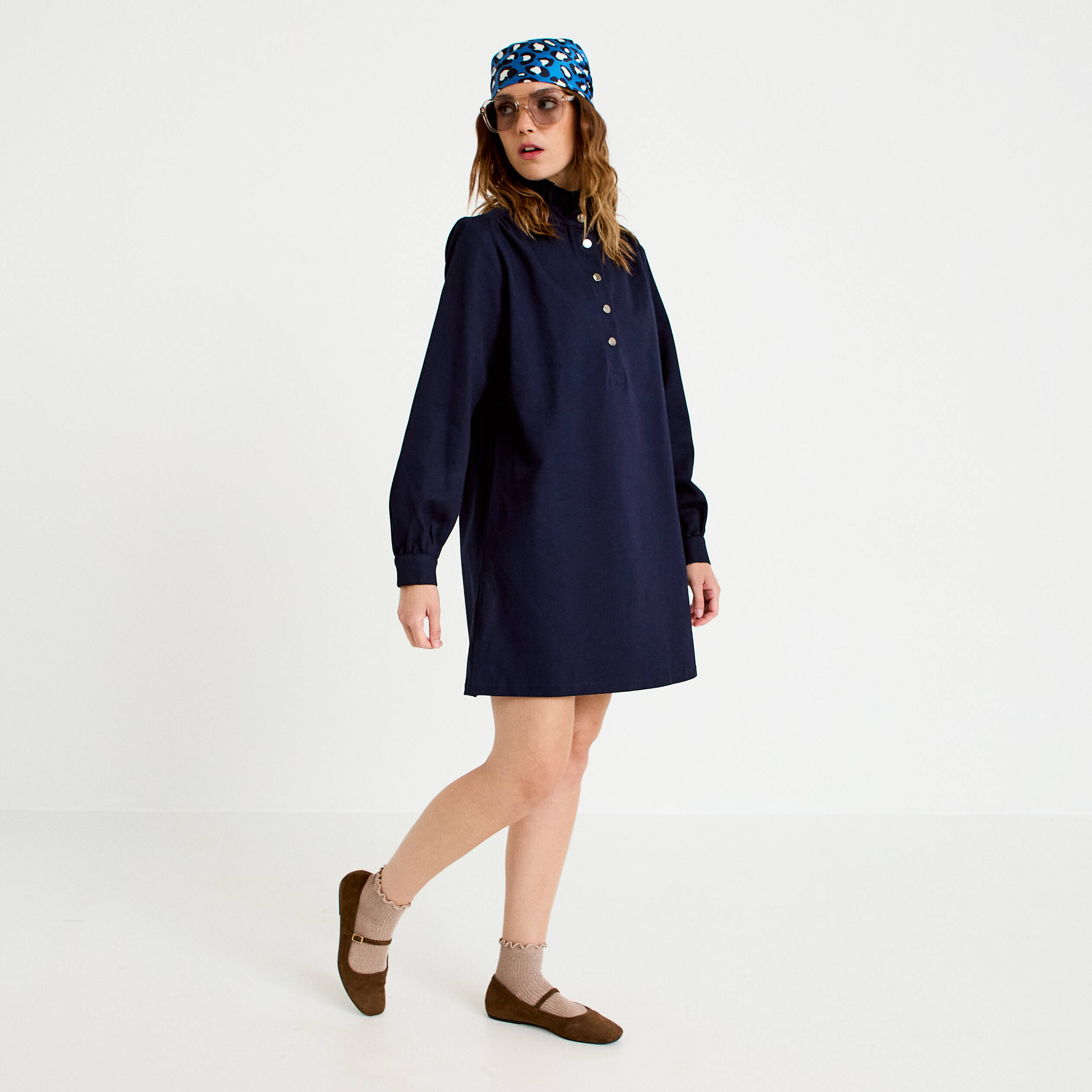 Robe droite col chemise manches longues bleu marine femme