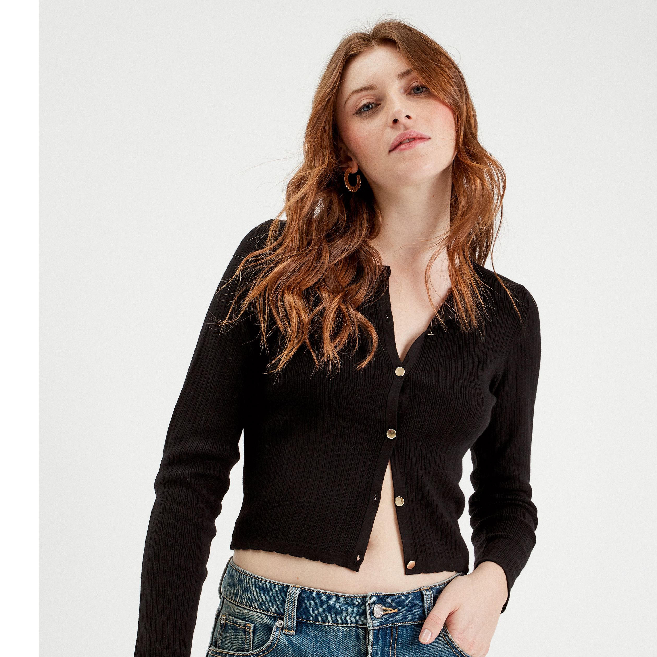 Gilet cotele boutonne noir femme Vibs