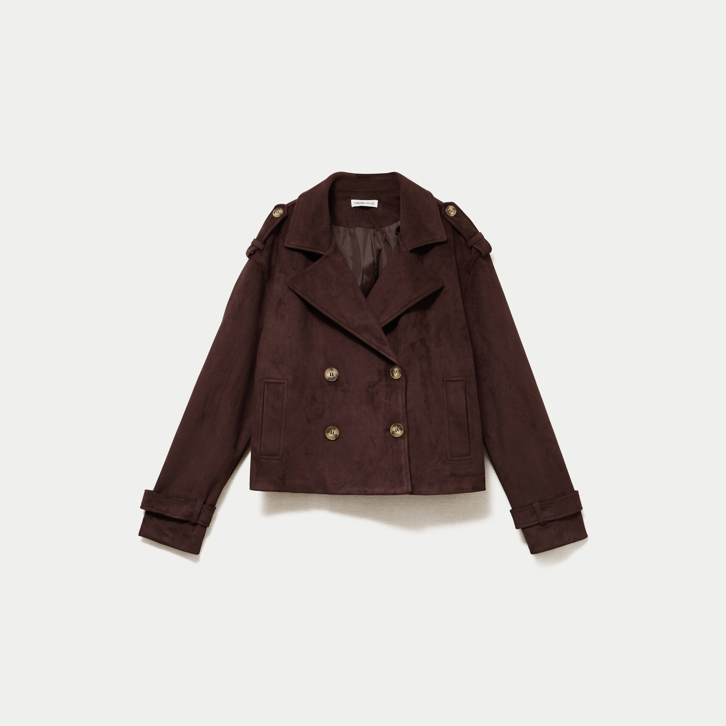 Trench droit manches longues aspect daim marron chocolat femme