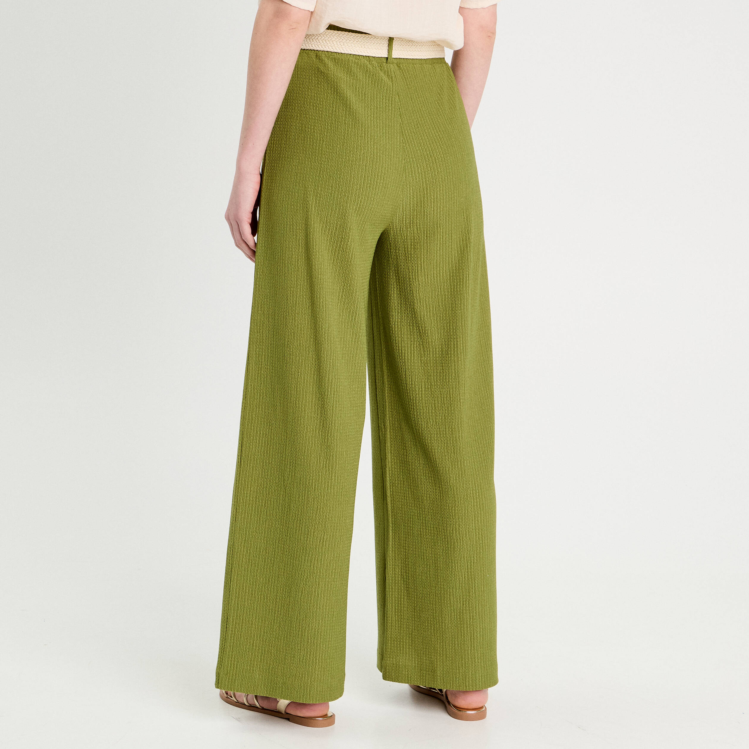 Pantalon large fluide ceinturé vert foncé femme