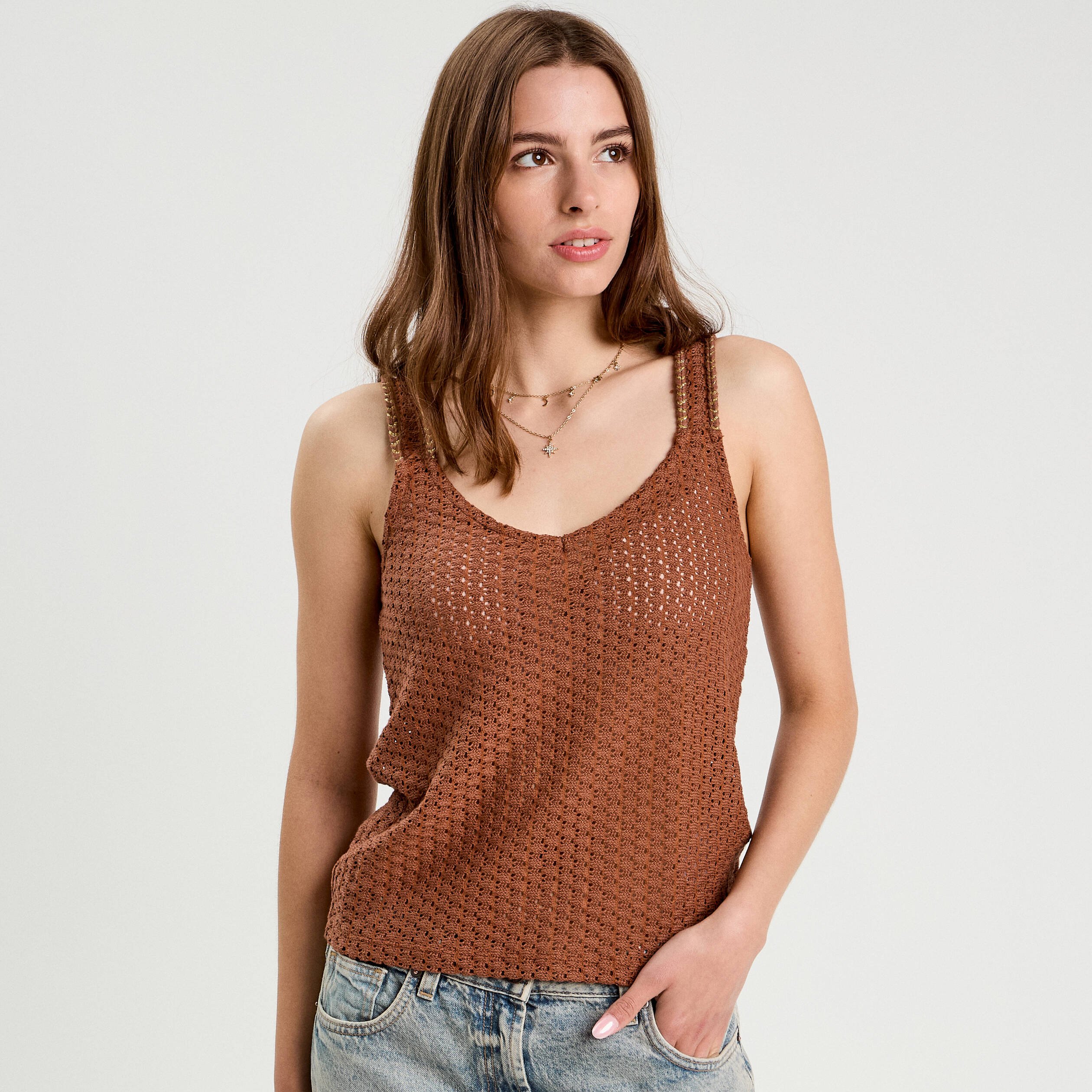 debardeur effet crochet marron femme Débardeur effet crochet marron femme