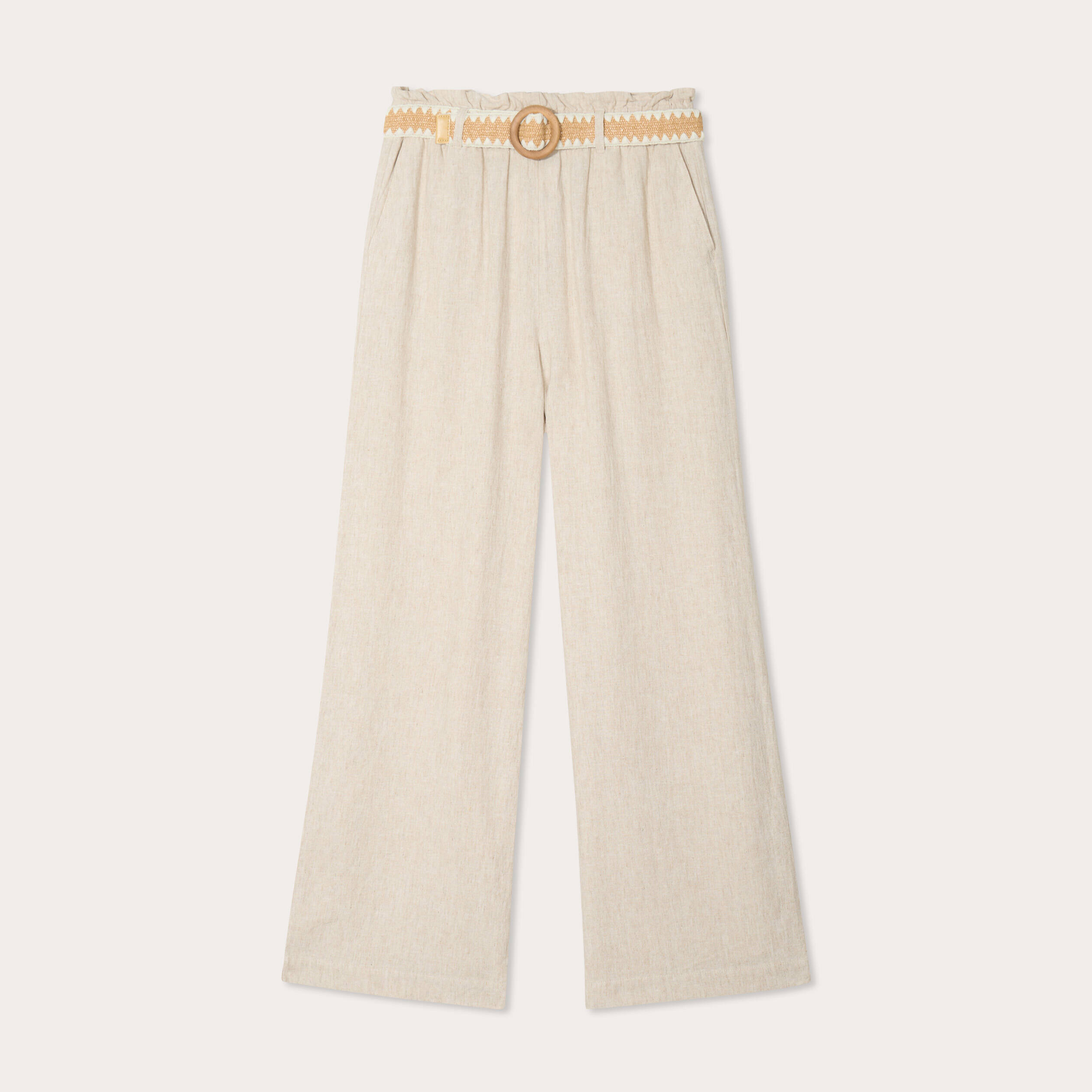 Pantalon large ceinturé contenant du lin beige femme