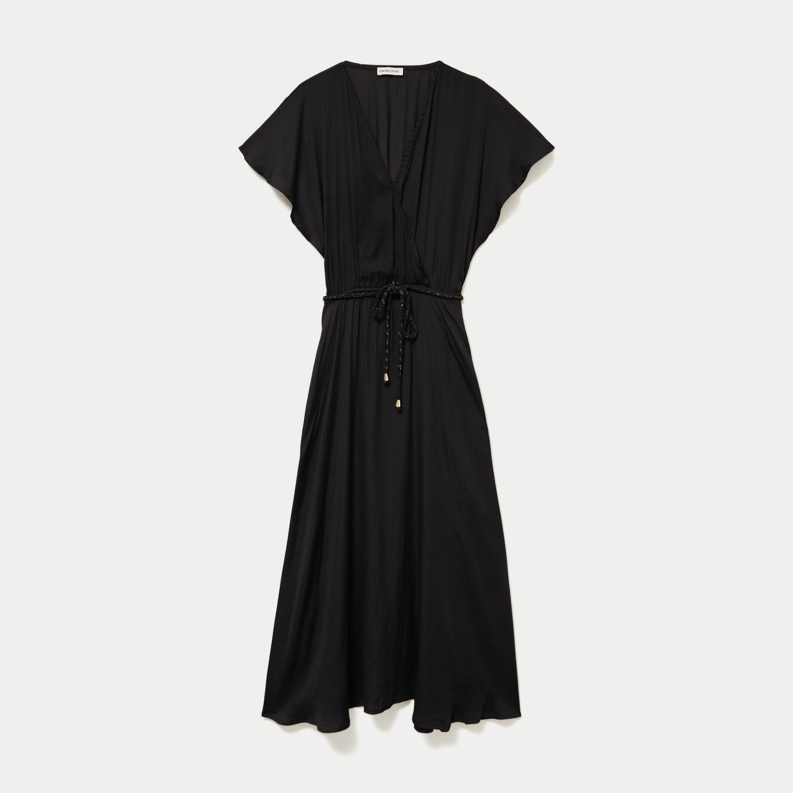 Robe longue &eacute;vas&eacute;e col v satin&eacute;e noir femme