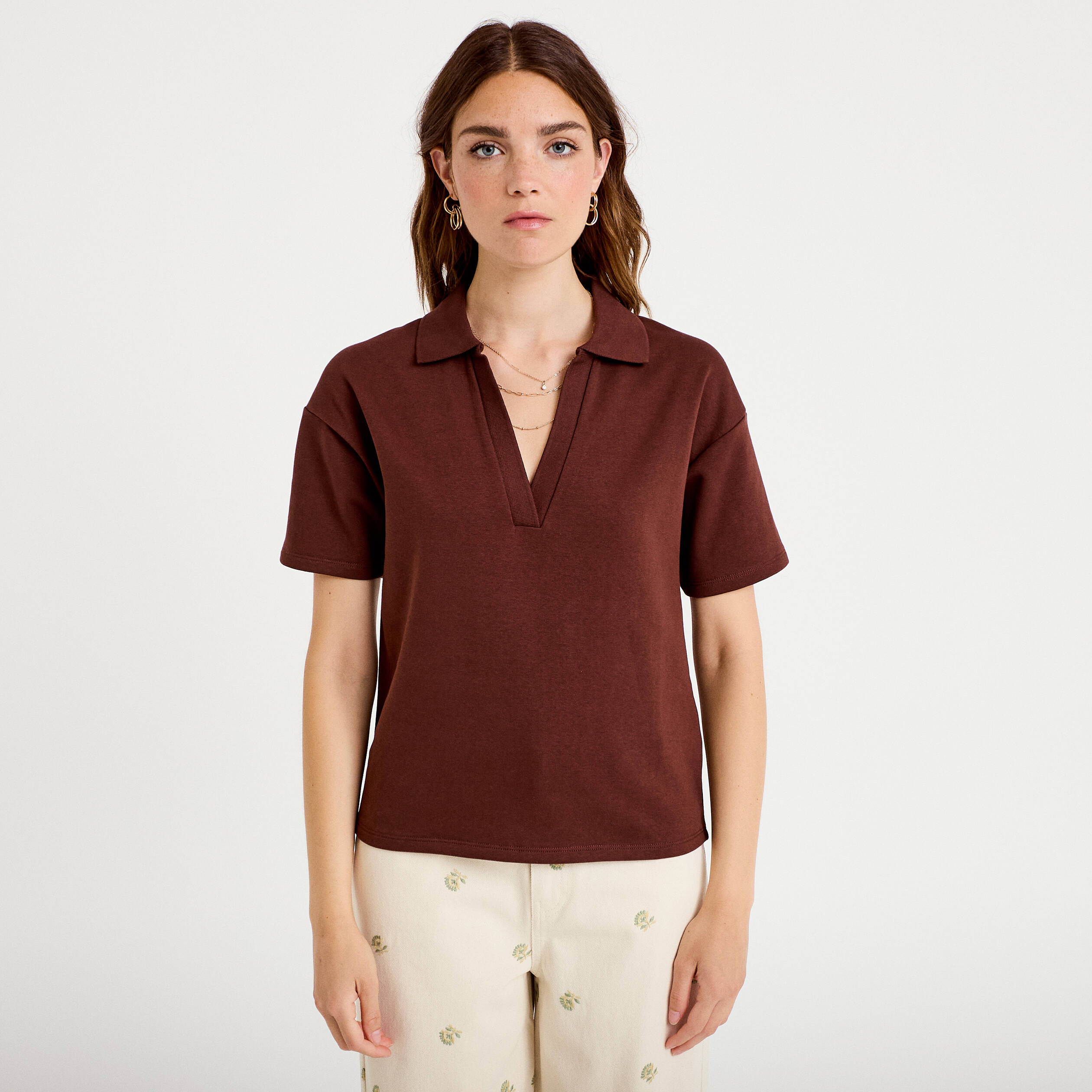 Sweat col chemise manches courtes marron femme
