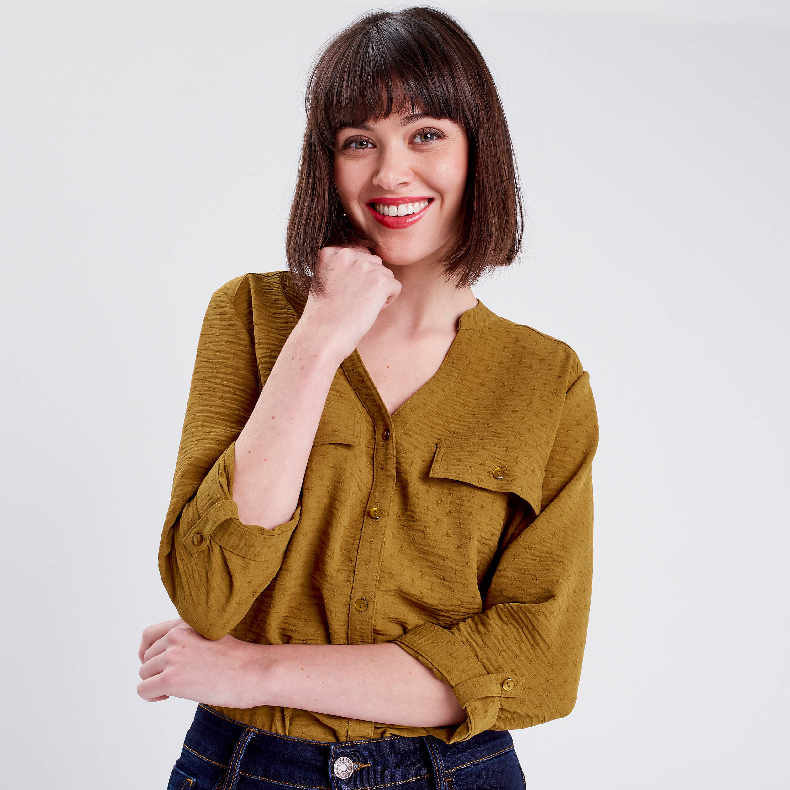 Chemise manches 3/4 vert olive femme