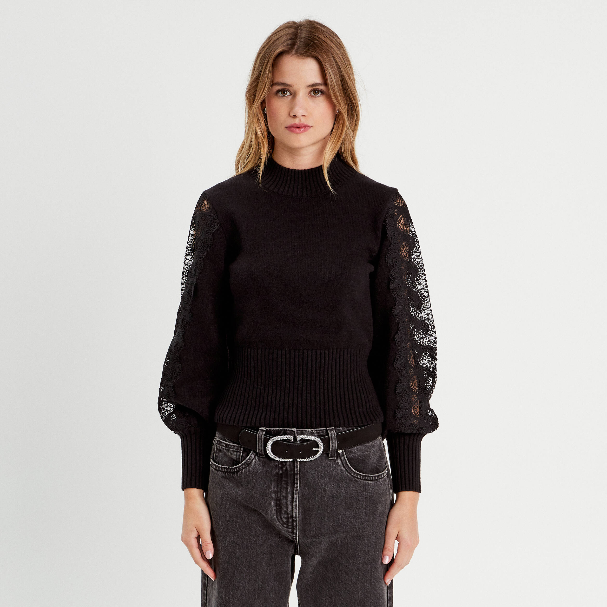 Pull manches longues dentelle noir femme