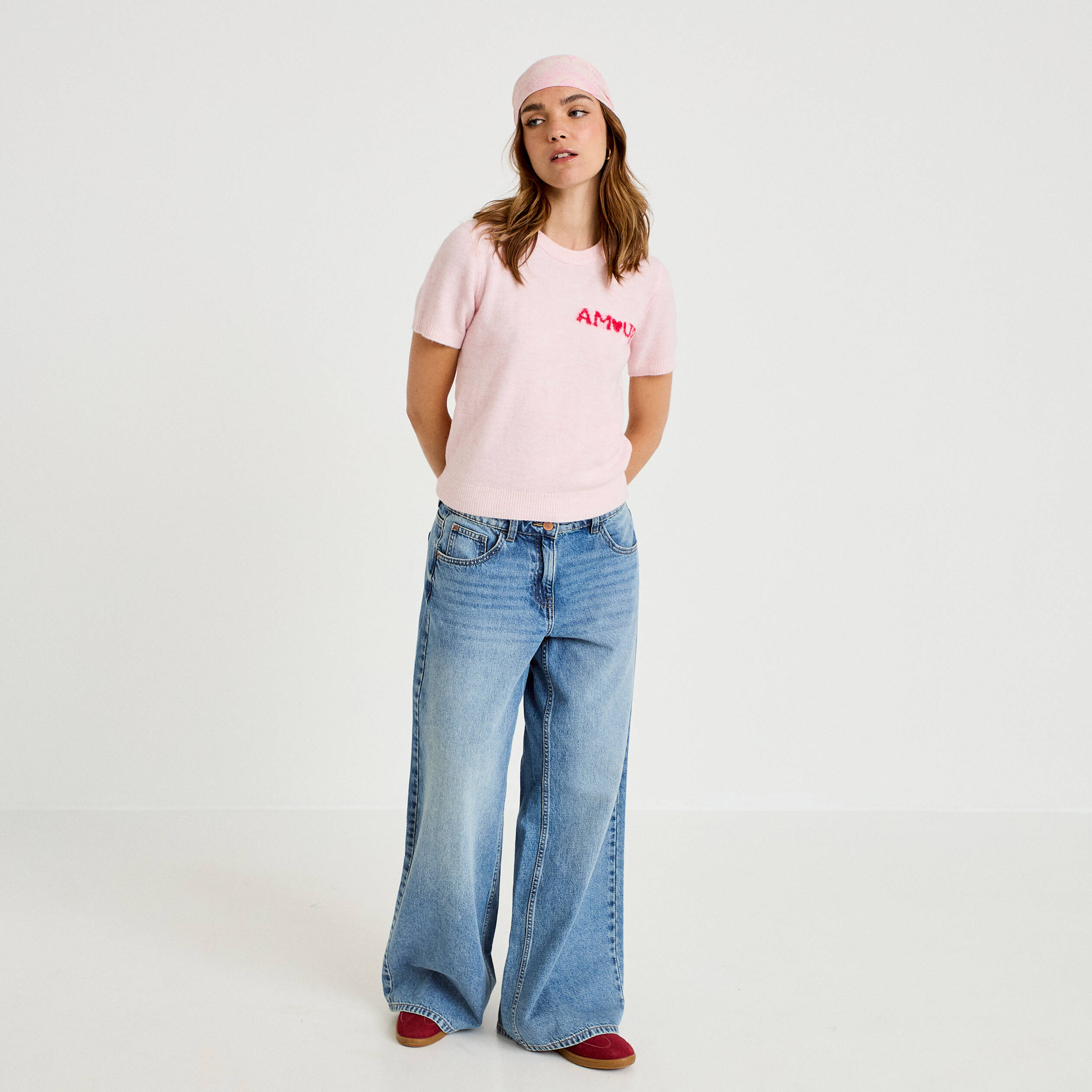 Pull ample manches courtes rose clair femme