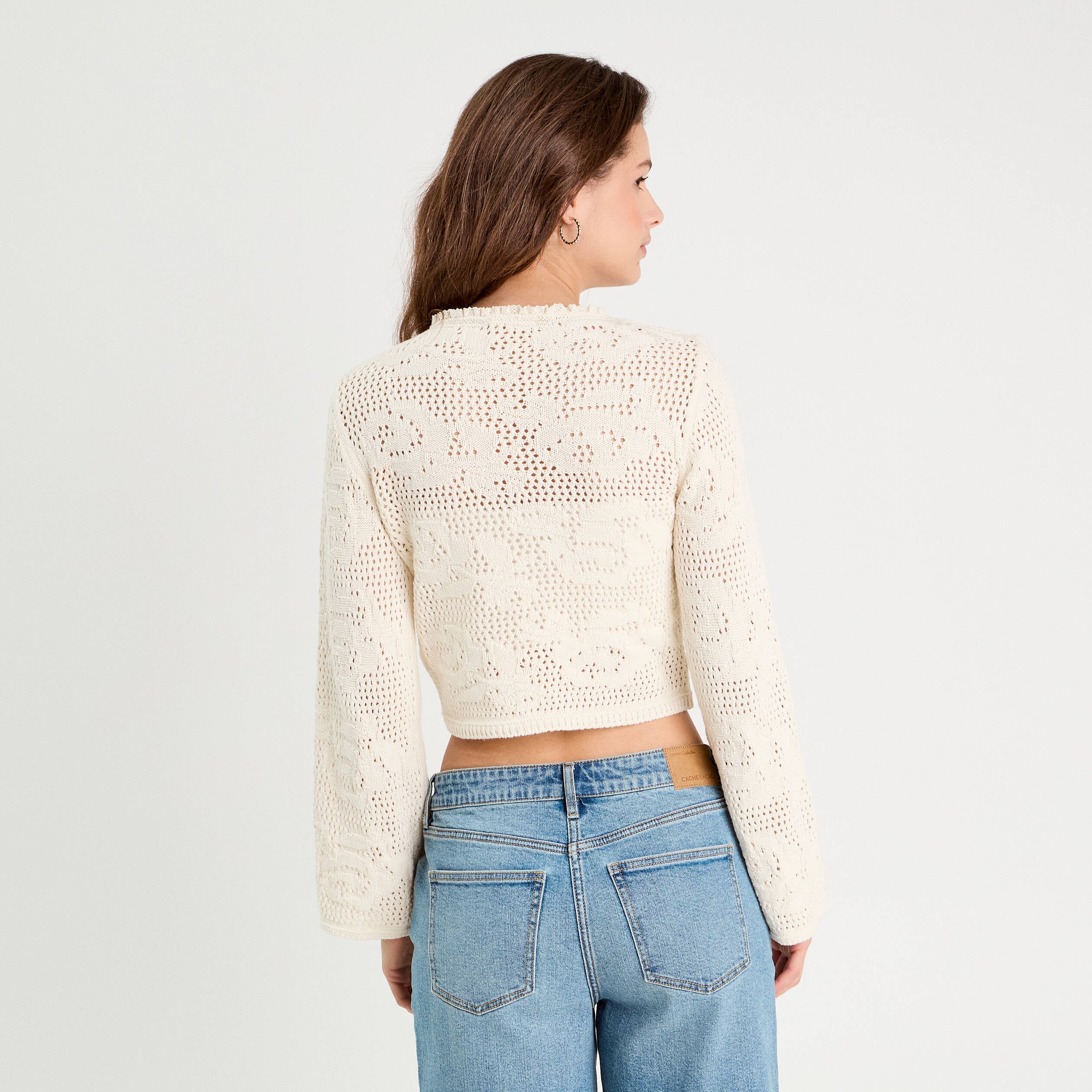 Pull ajour&eacute; manches longues ecru femme