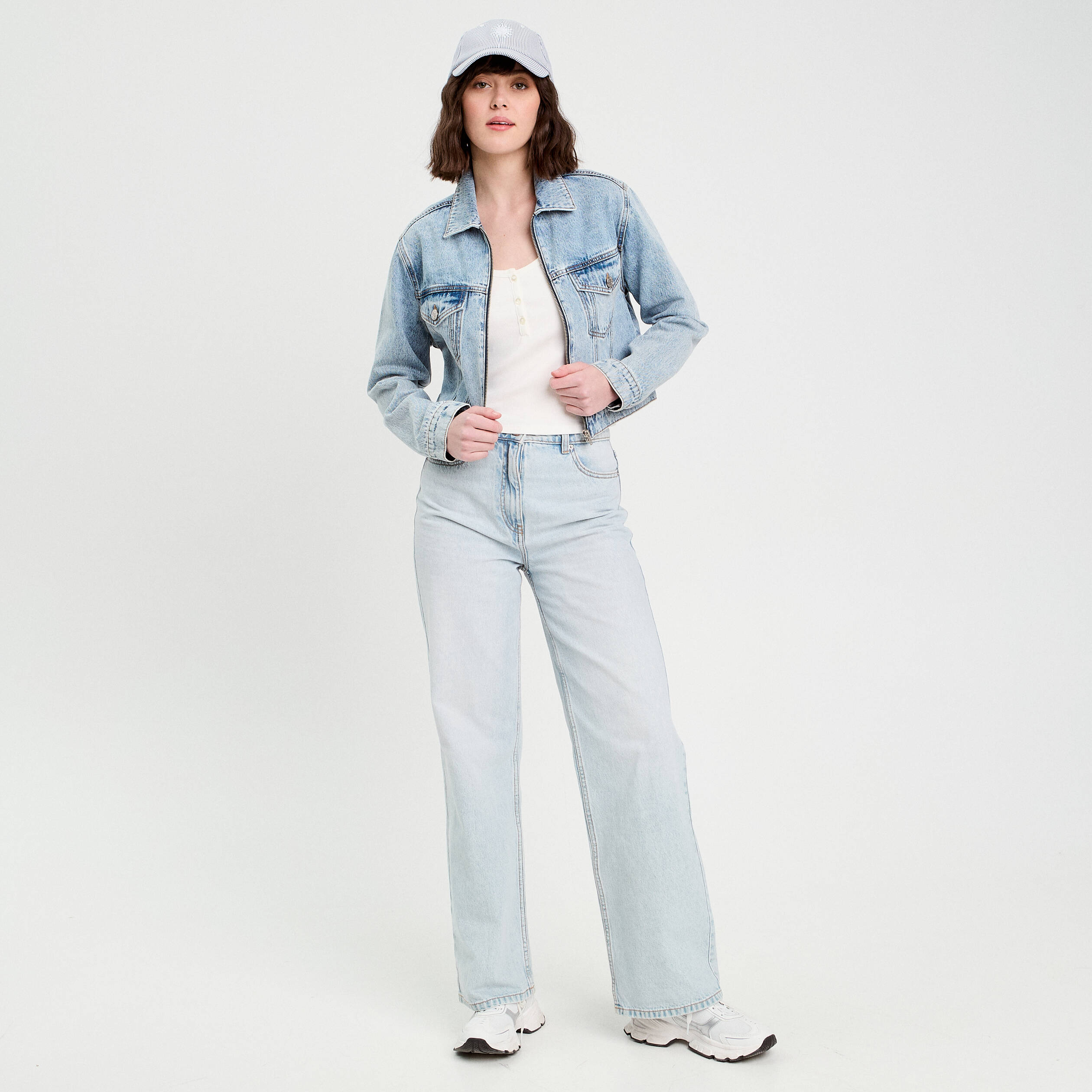 Veste zipp&eacute;e en jean denim stone femme