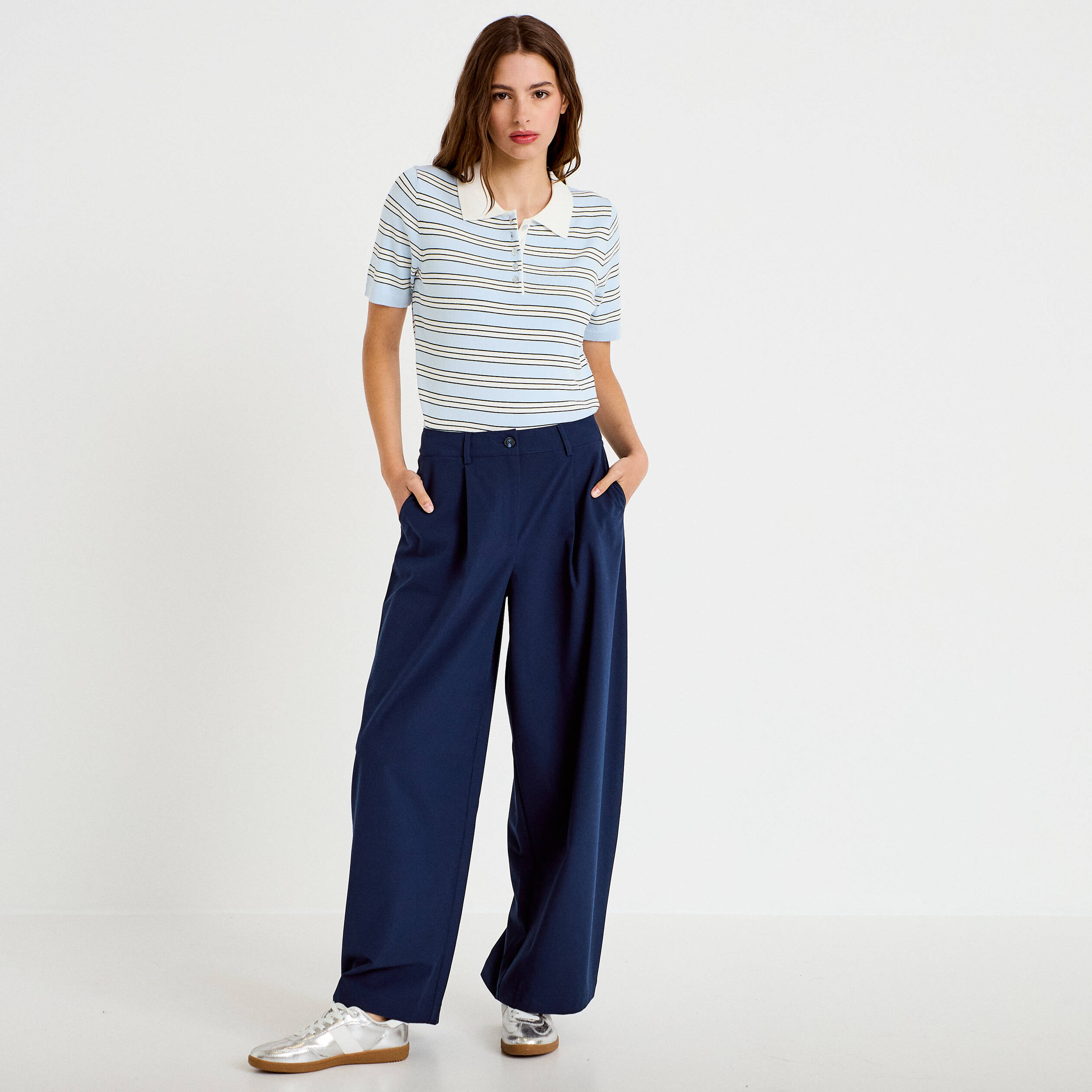 Pantalon barrel taille standard bleu marine femme