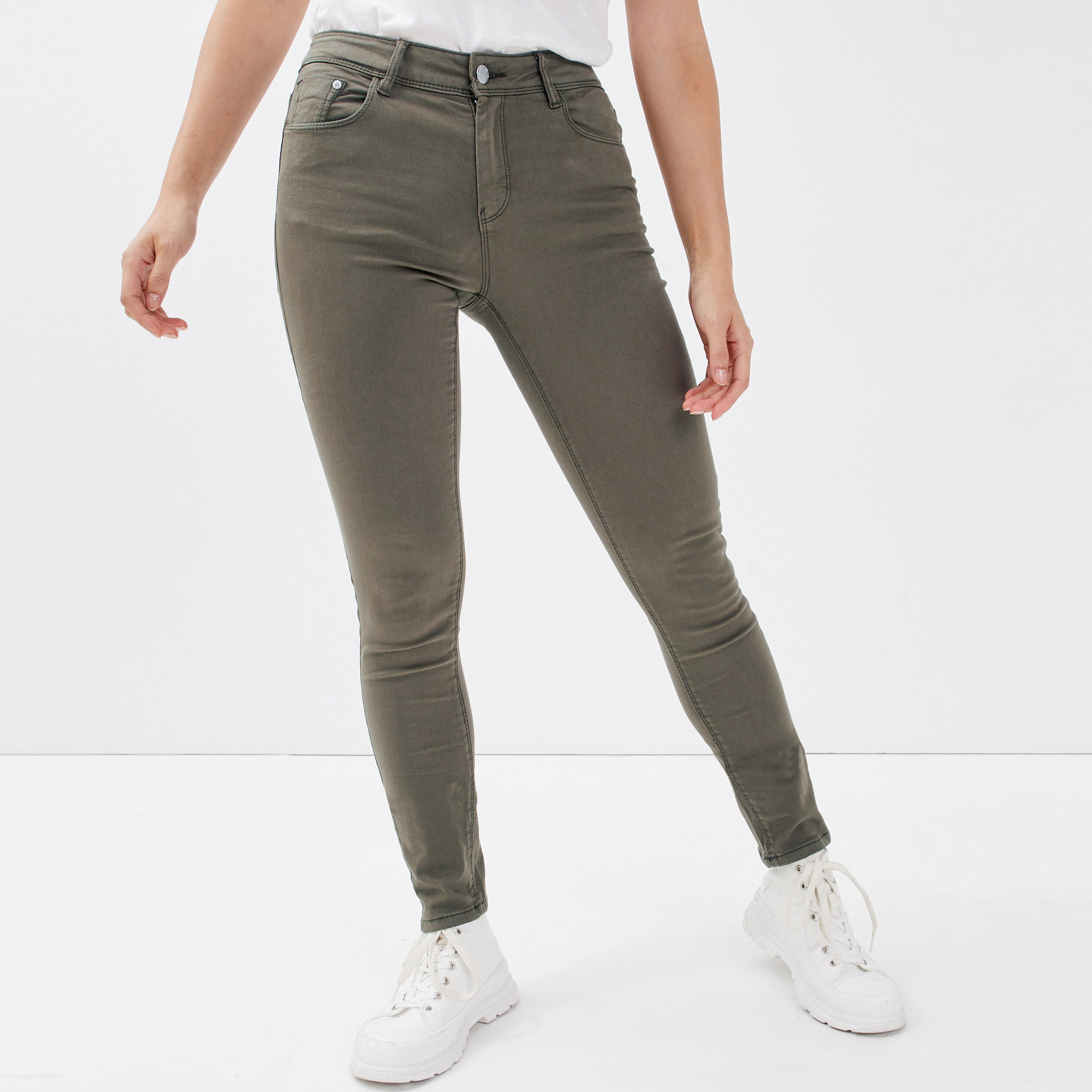 Jeans slim 5 poches vert kaki femme