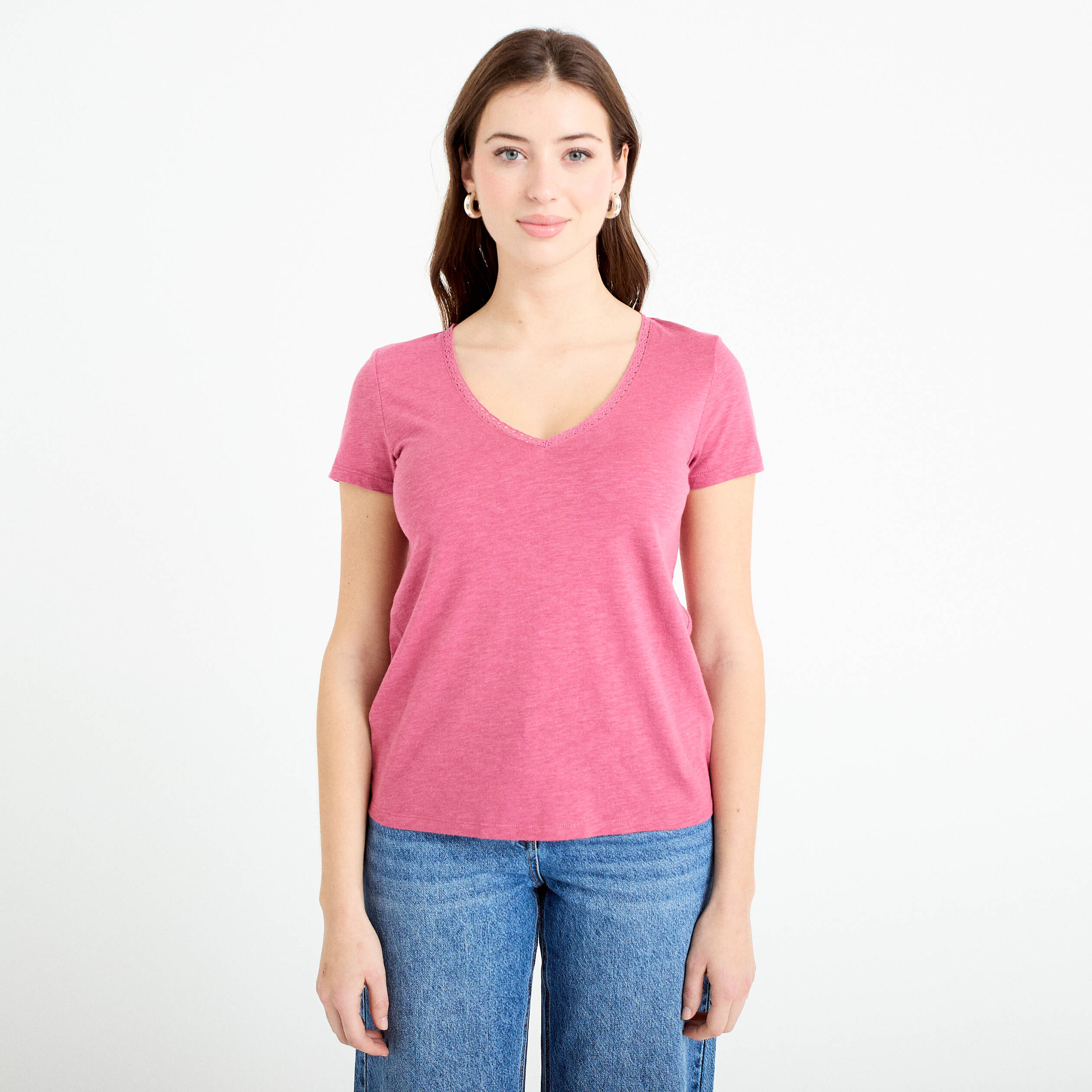 T-shirt col v manches courtes vieux rose femme