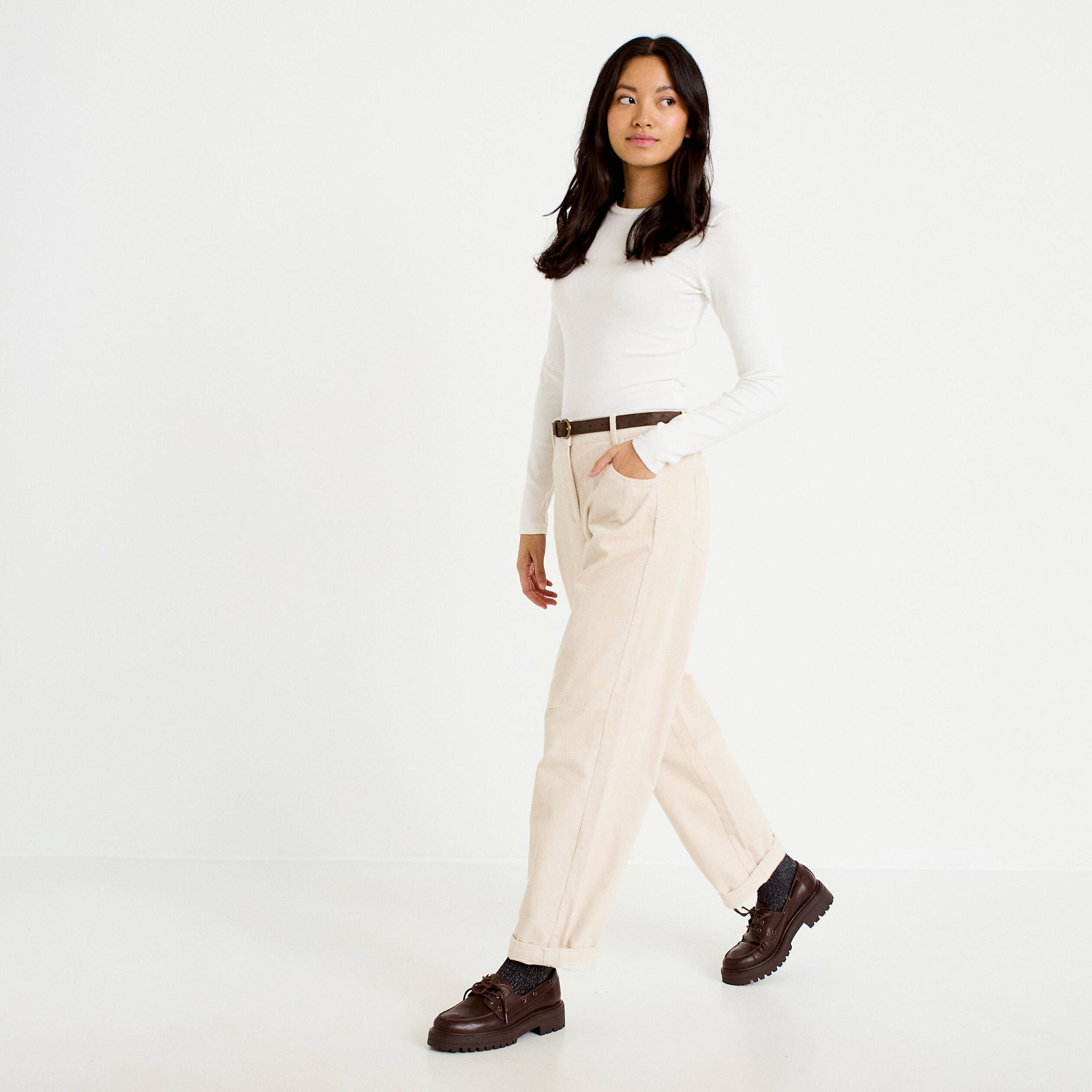 Pantalon barrel ceinture amovible ecru femme