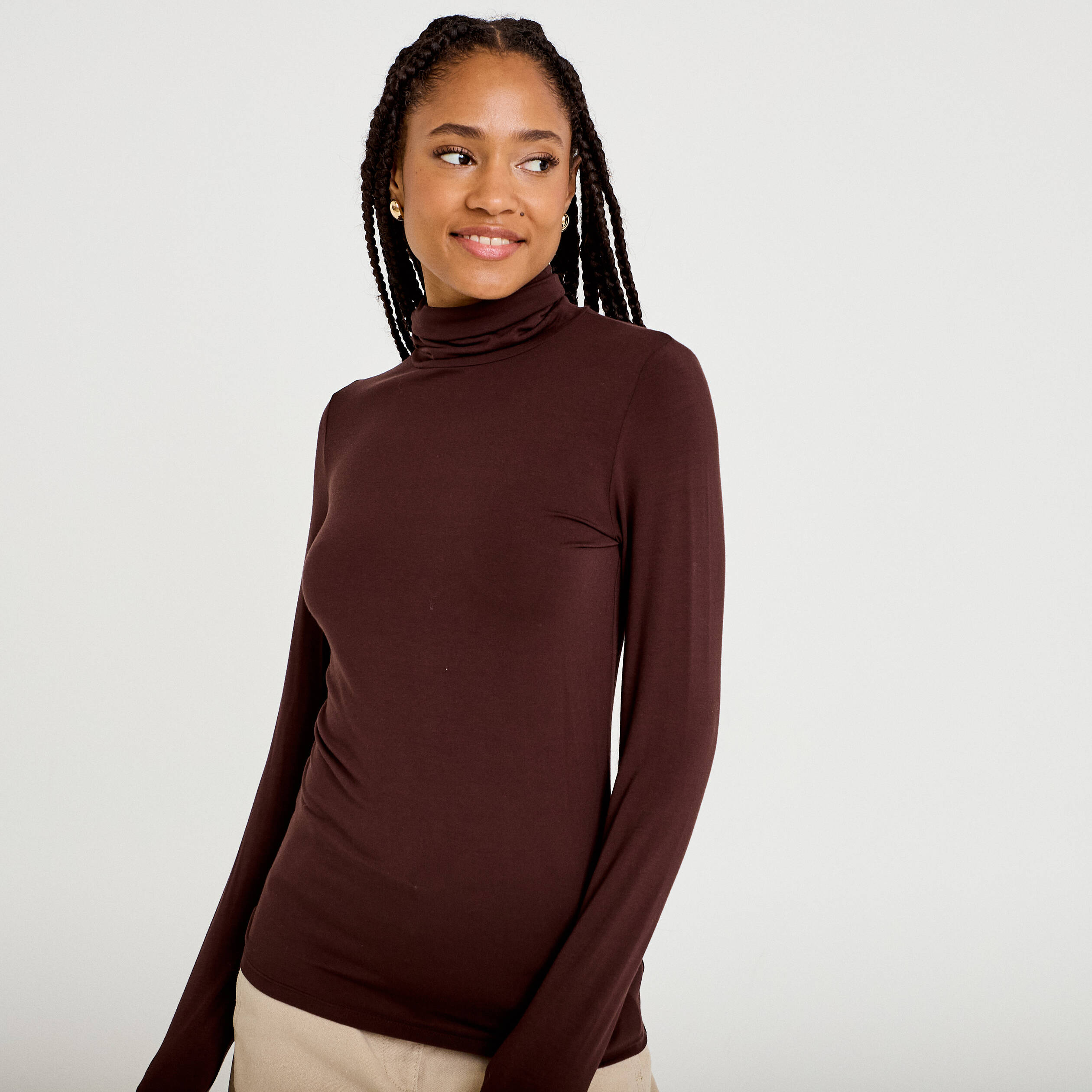 T-shirt uni &agrave; manches longues marron fonc&eacute; femme