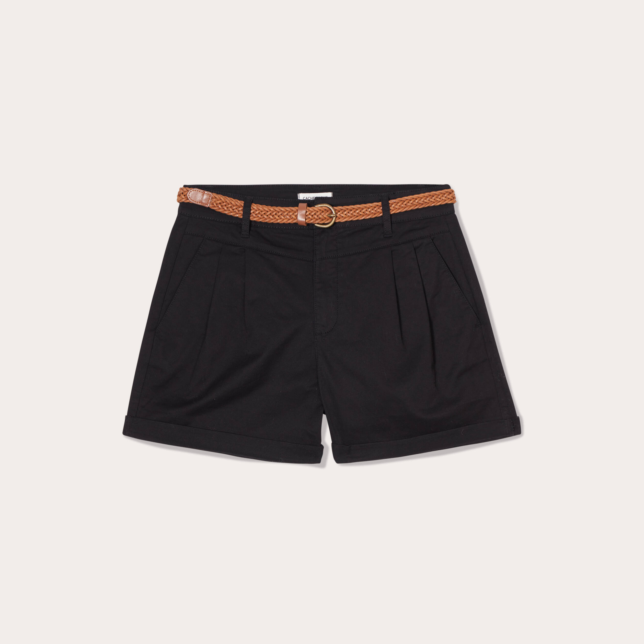 Short chino ceintur&eacute; noir femme