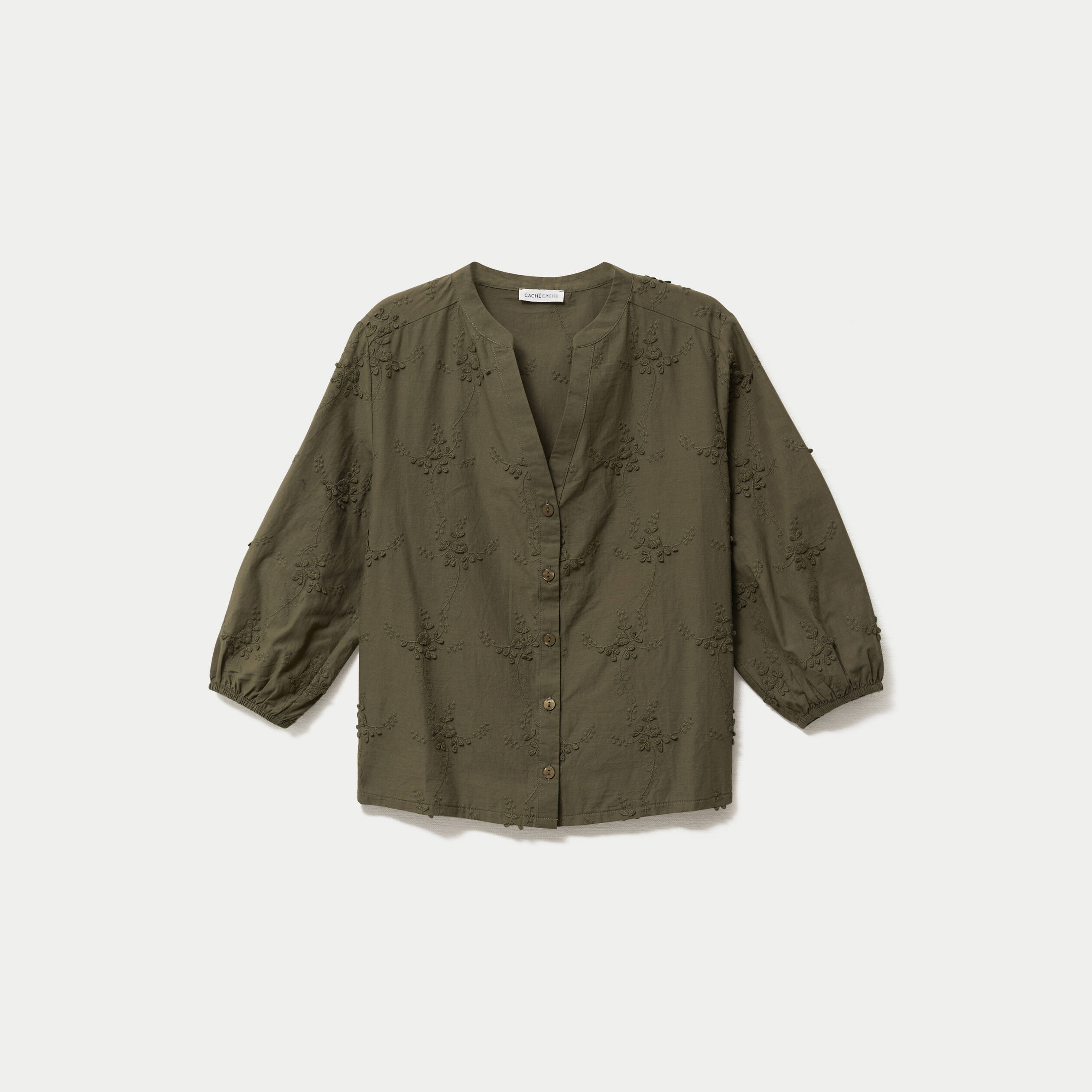 Blouse brod&eacute;e col mao manches 3/4 vert kaki femme