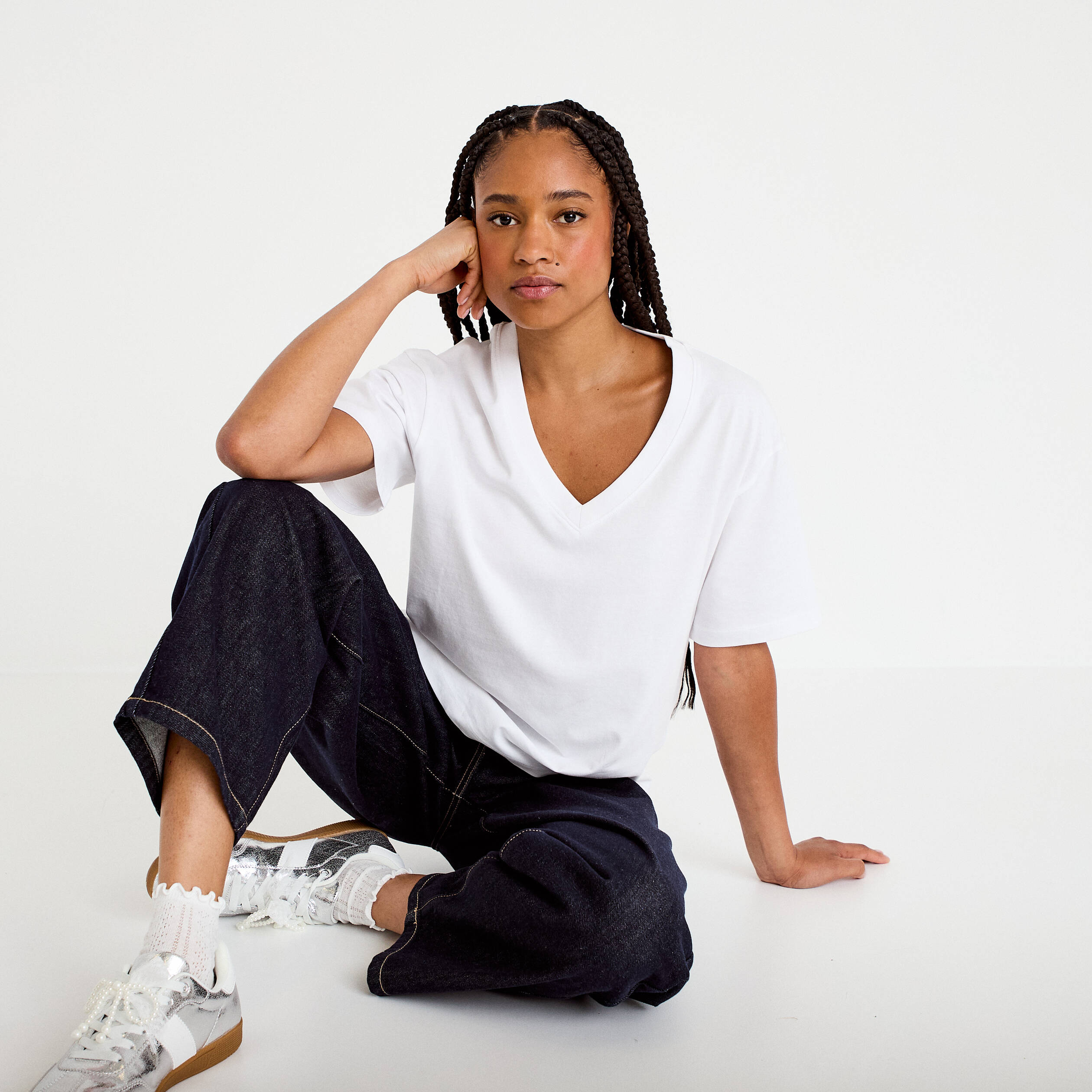 T-shirt col v manches courtes blanc femme