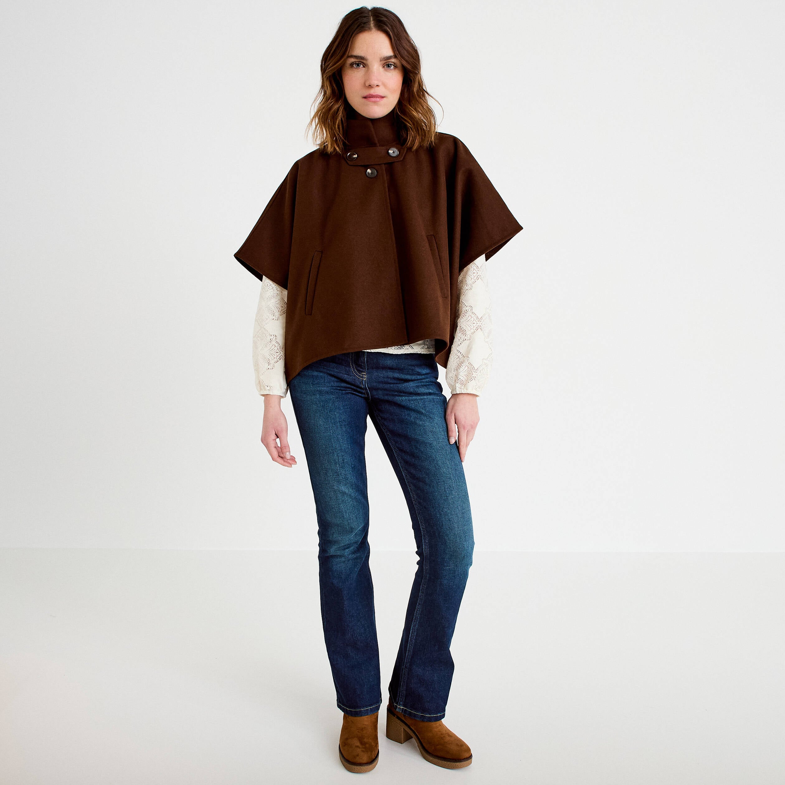 Poncho col am&eacute;ricain marron fonc&eacute; femme