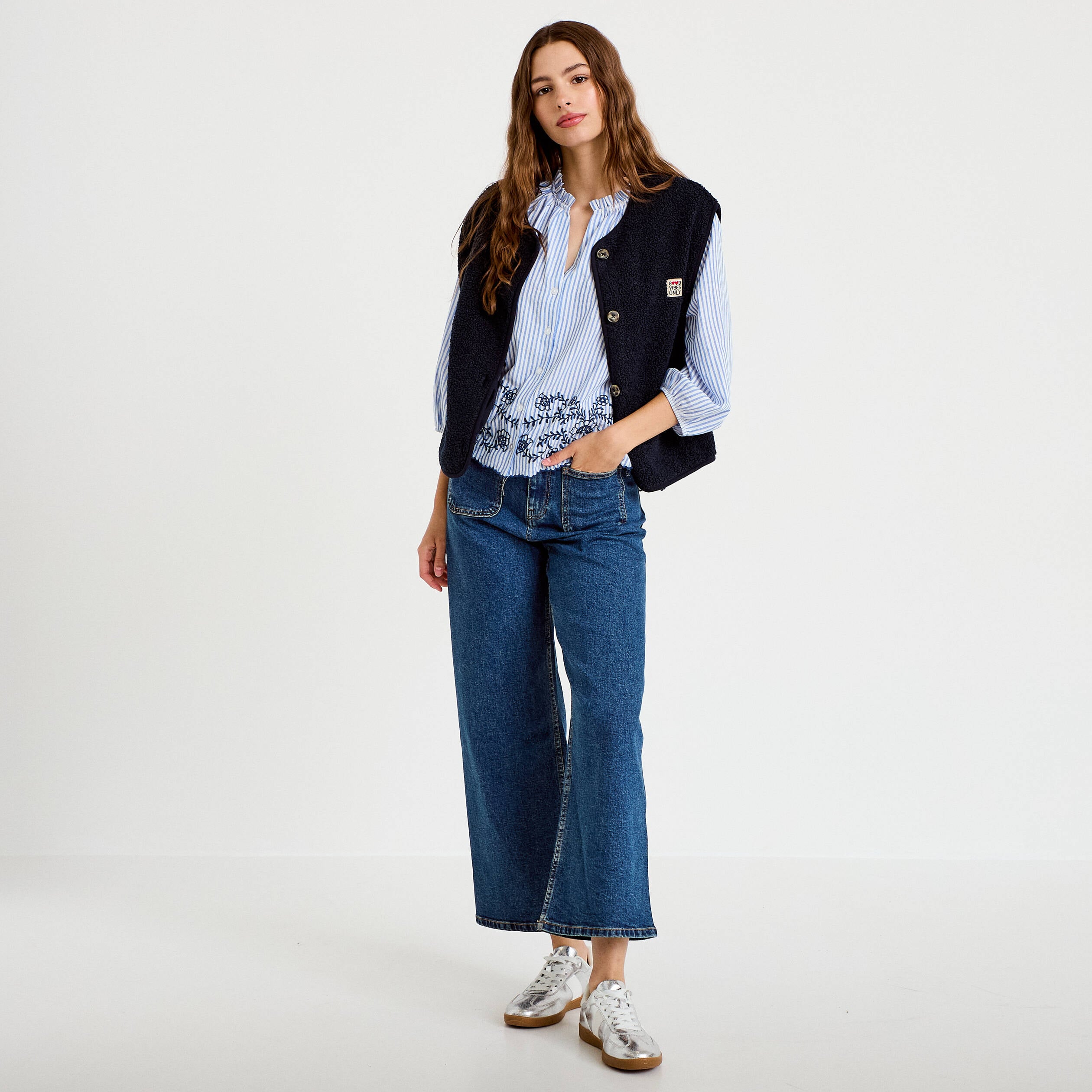 Gilet sans manches fausse fourrure bleu marine femme