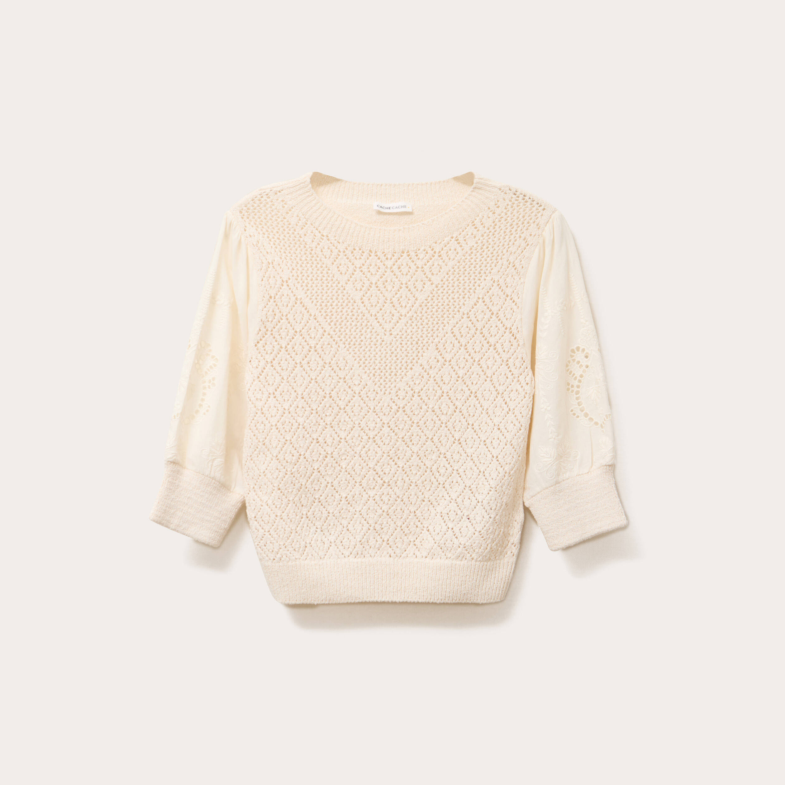 pull manches 34 ajoure ecru femme Pull manches 3/4 ajouré ecru femme