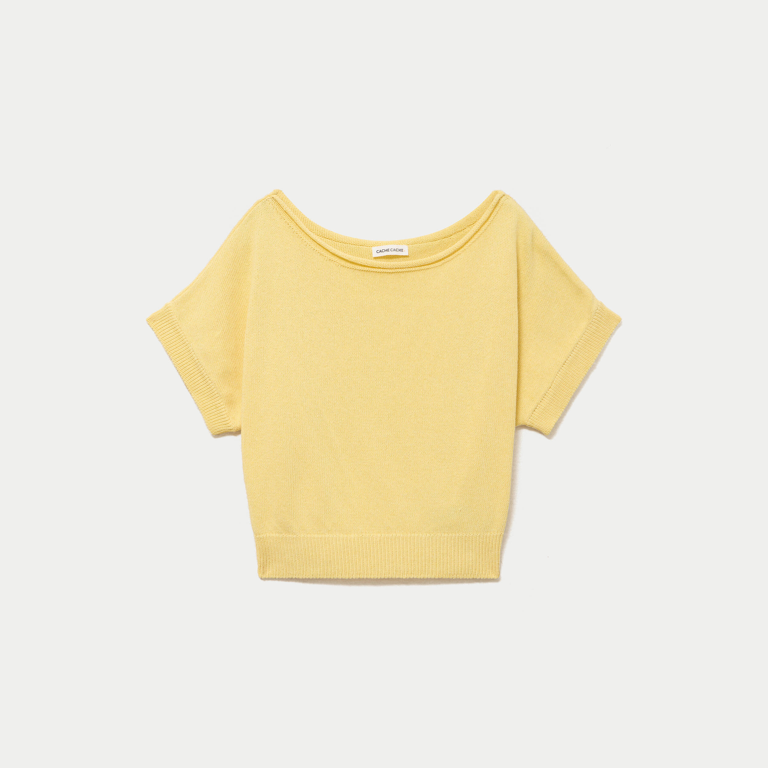 Pull ample cropped manches courtes jaune pastel femme