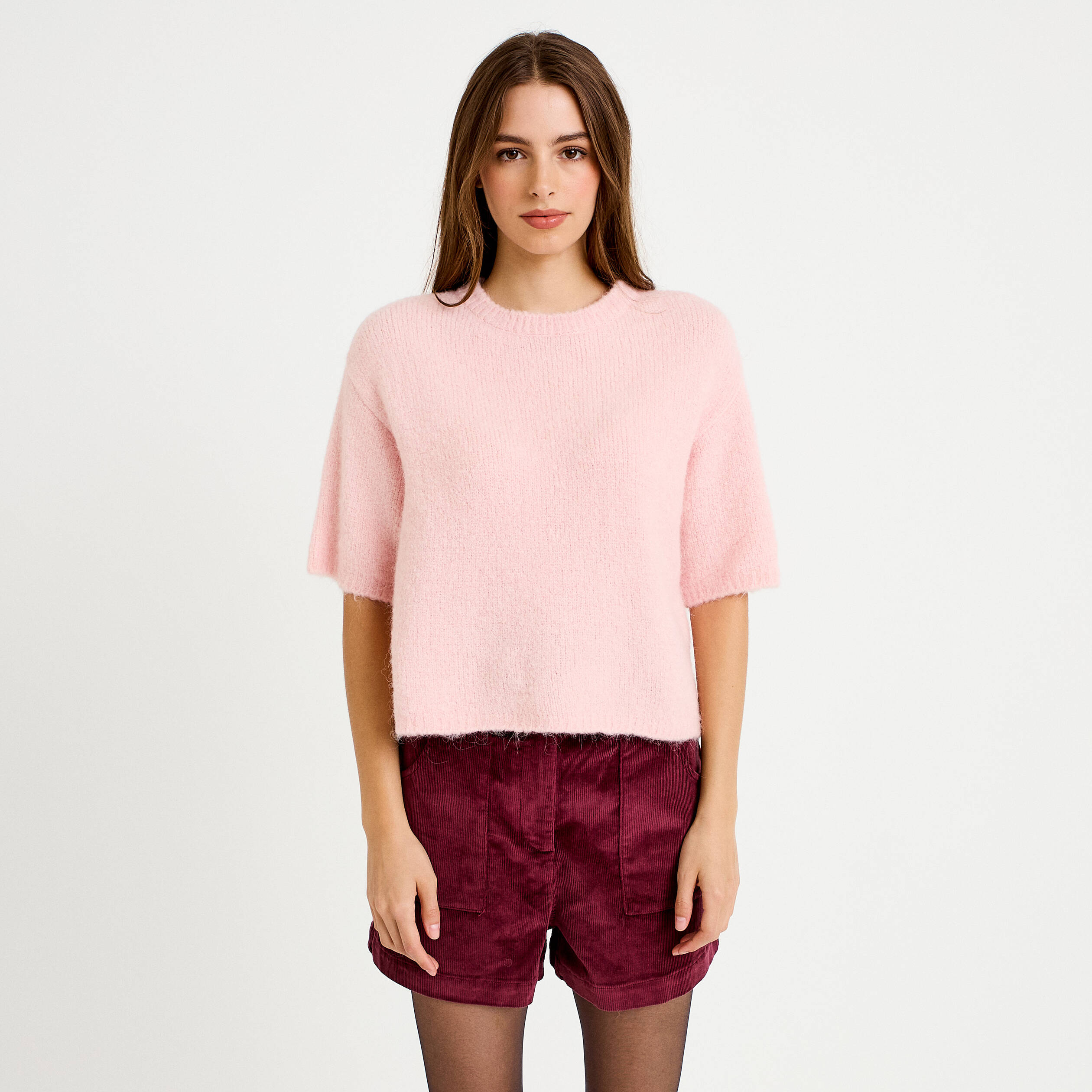 Pull manches courtes rose clair femme