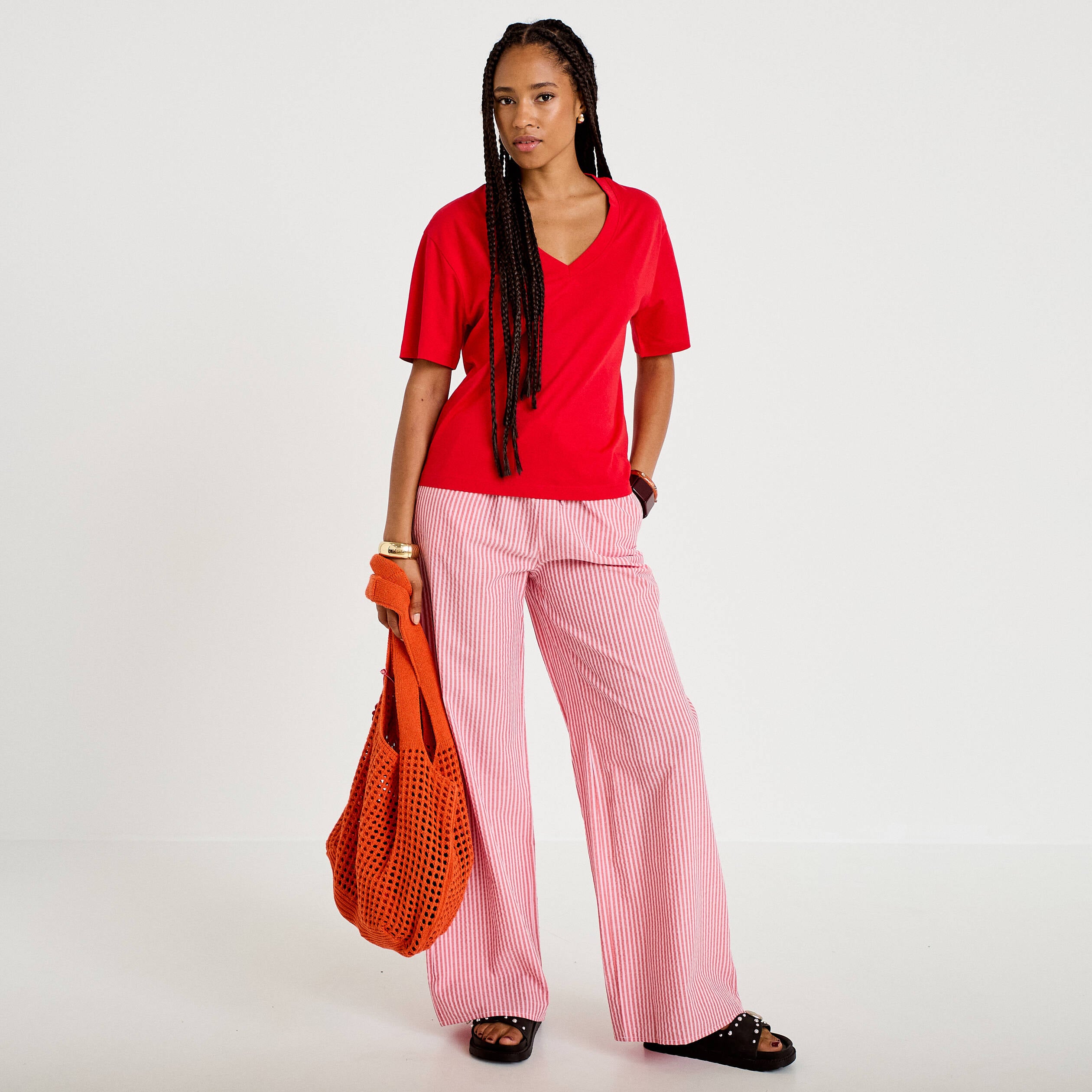 Pantalon large taille haute rouge femme