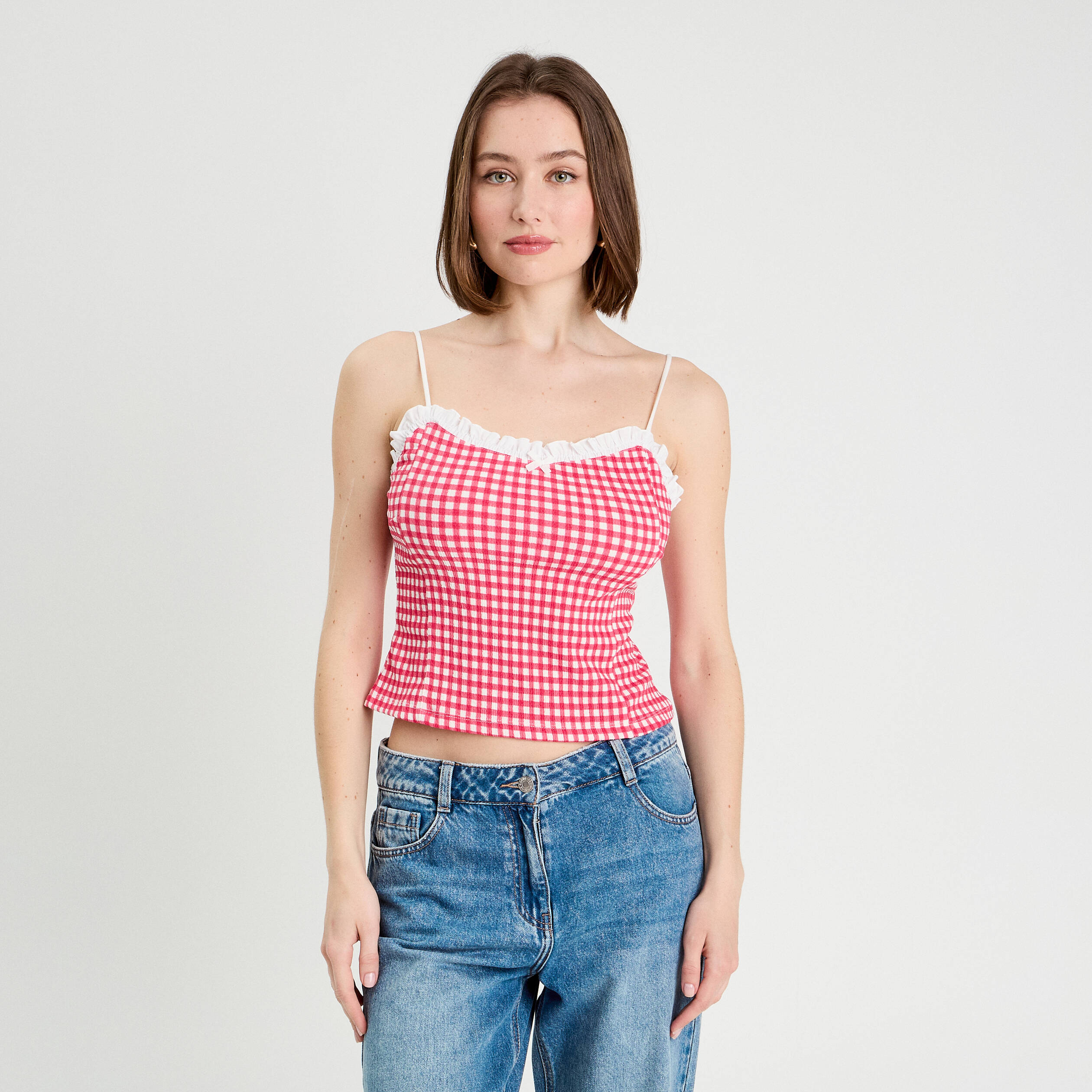 Débardeur cropped bretelles rose framboise femme
