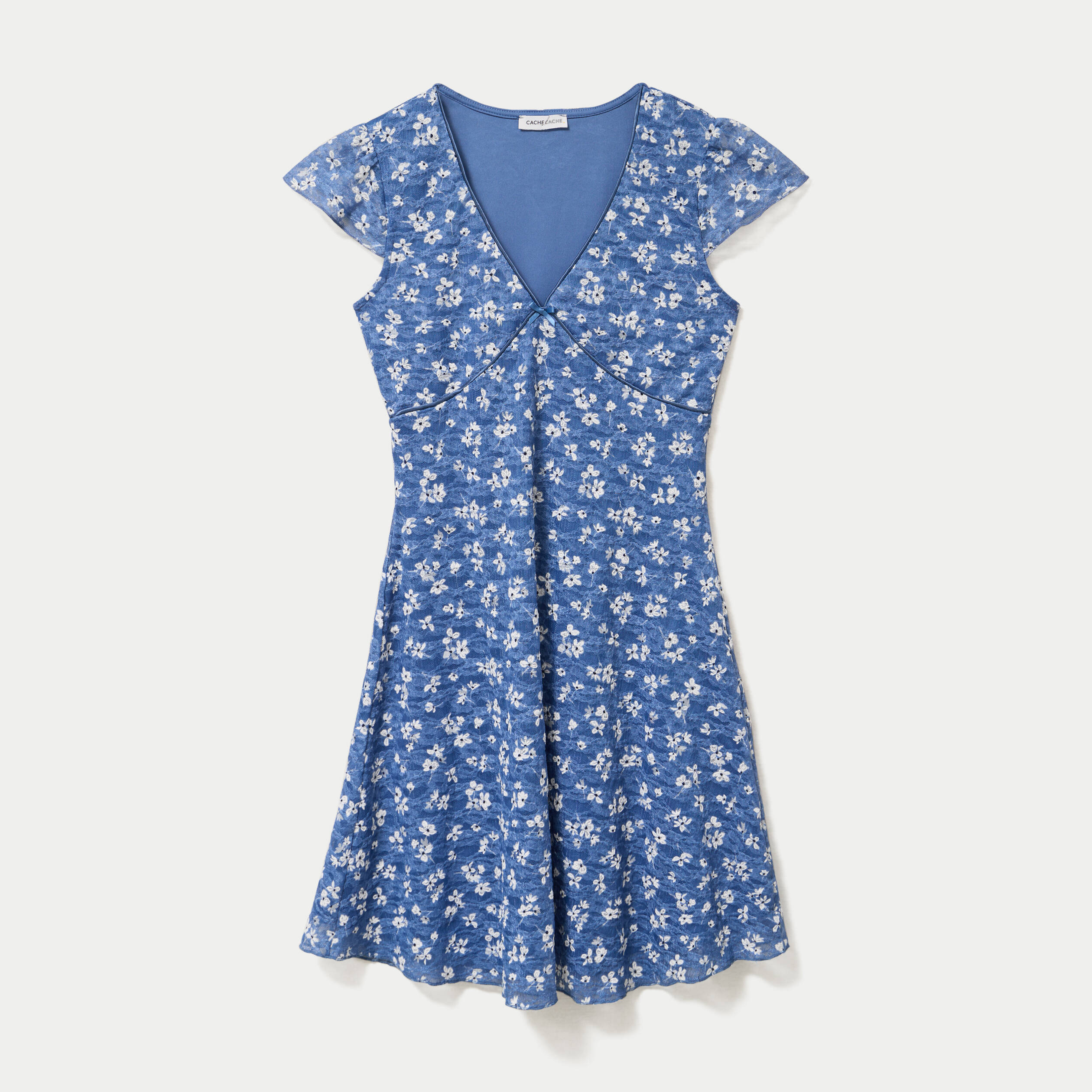Robe ajust&eacute;e courte d&eacute;collet&eacute; dentelle bleu femme