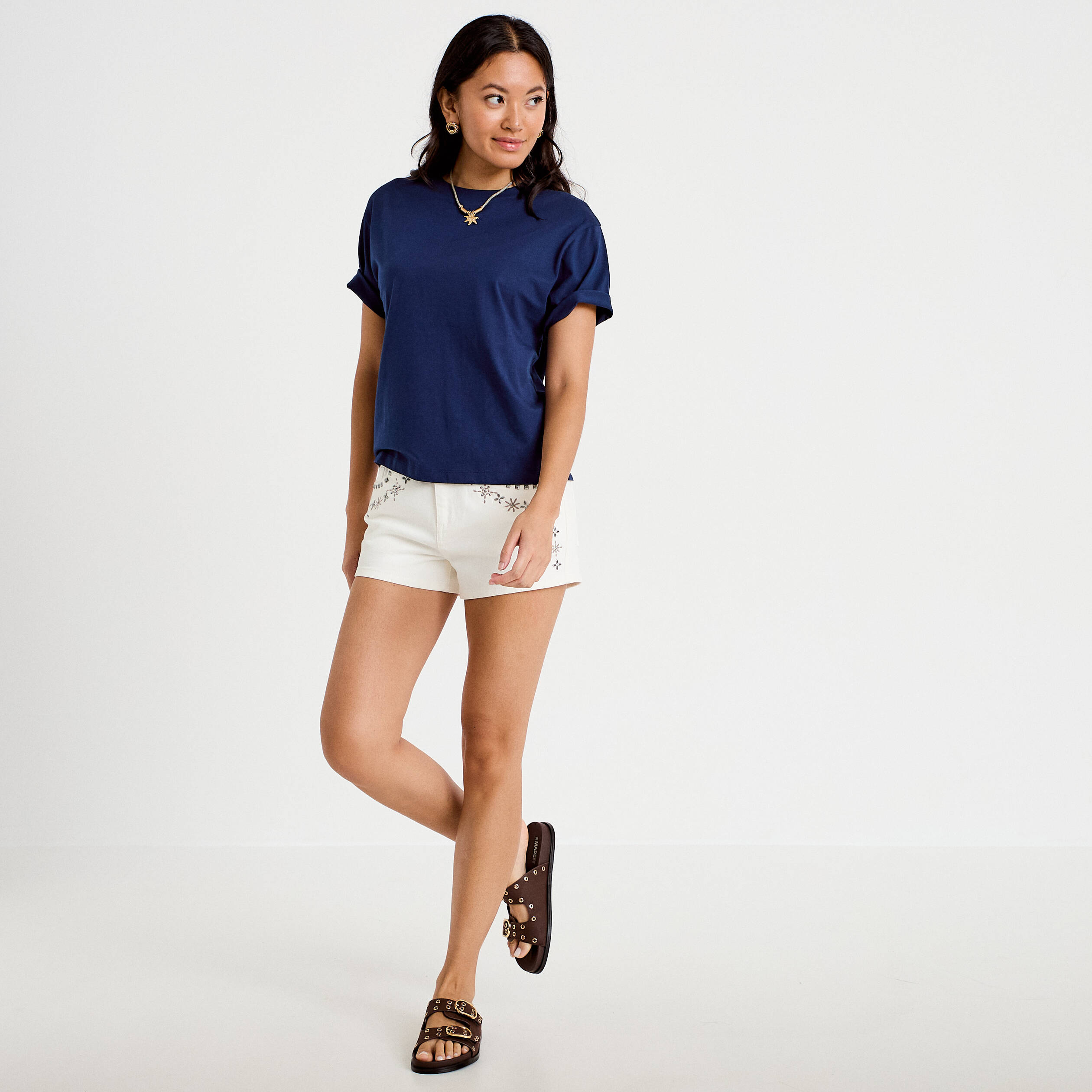 T-shirt col rond manches courtes bleu fonc&eacute; femme