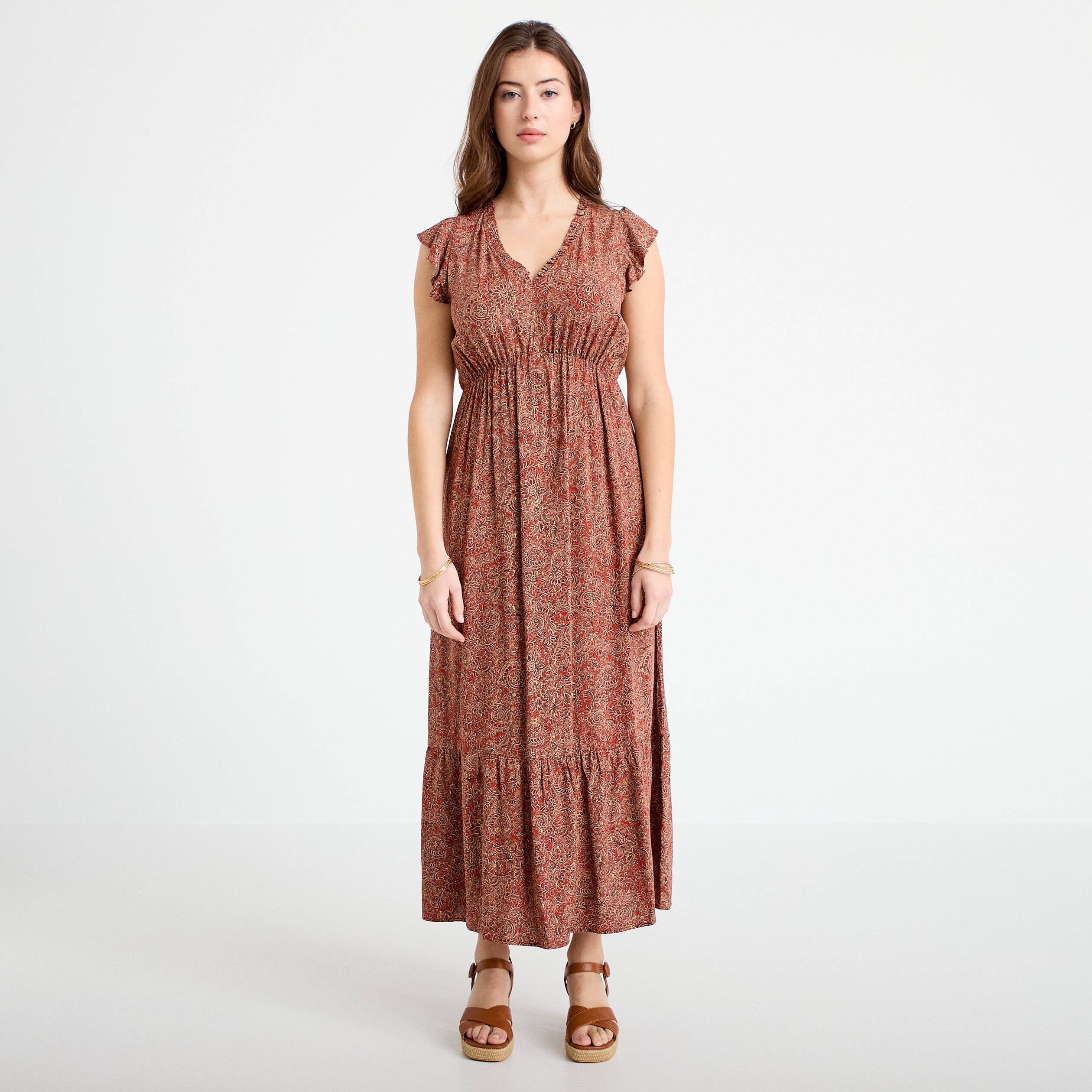 Robe longue &eacute;vas&eacute;e col v manches courtes rouge fonc&eacute; femme