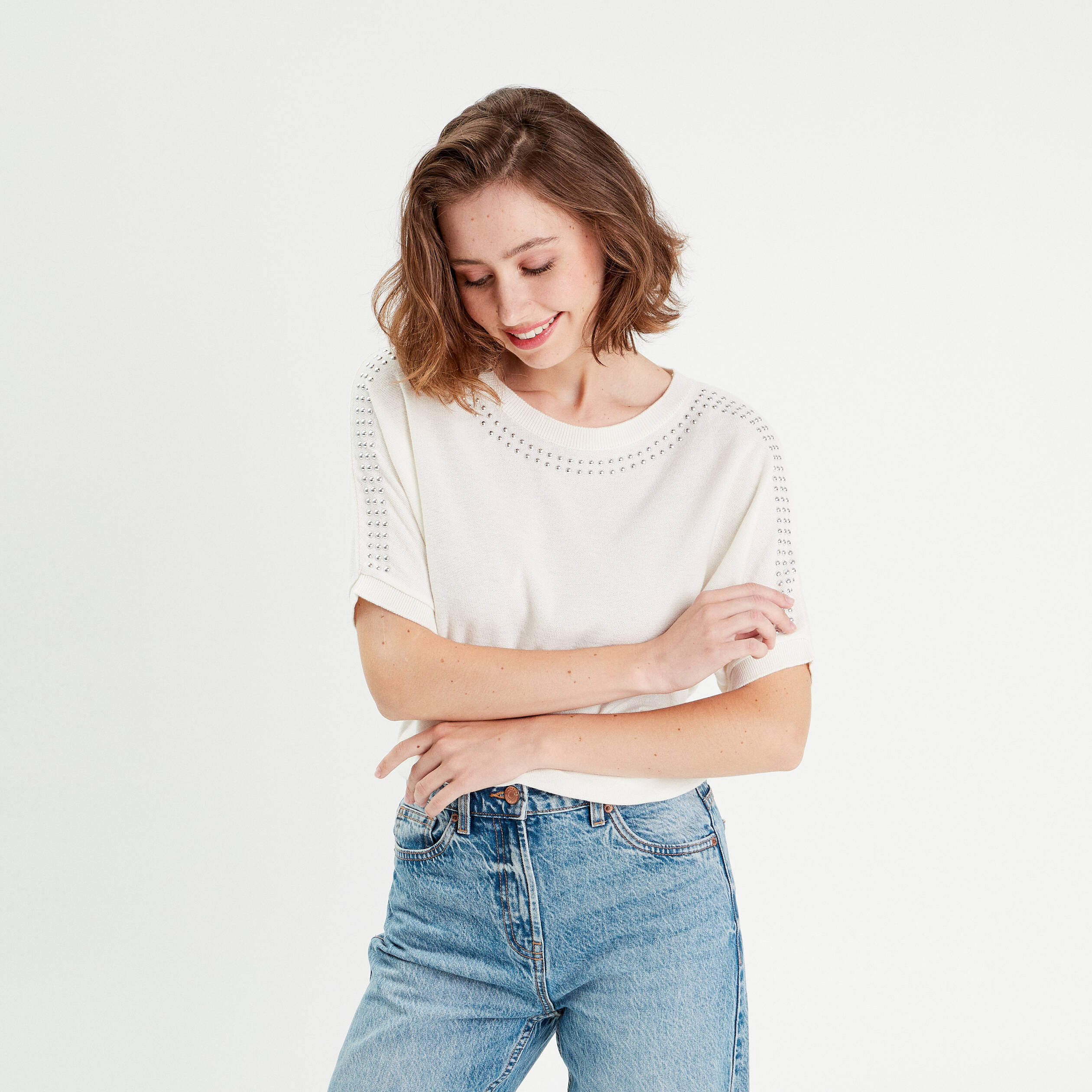 pull manches courtes clous ecru femme Pull manches courtes clous ecru femme