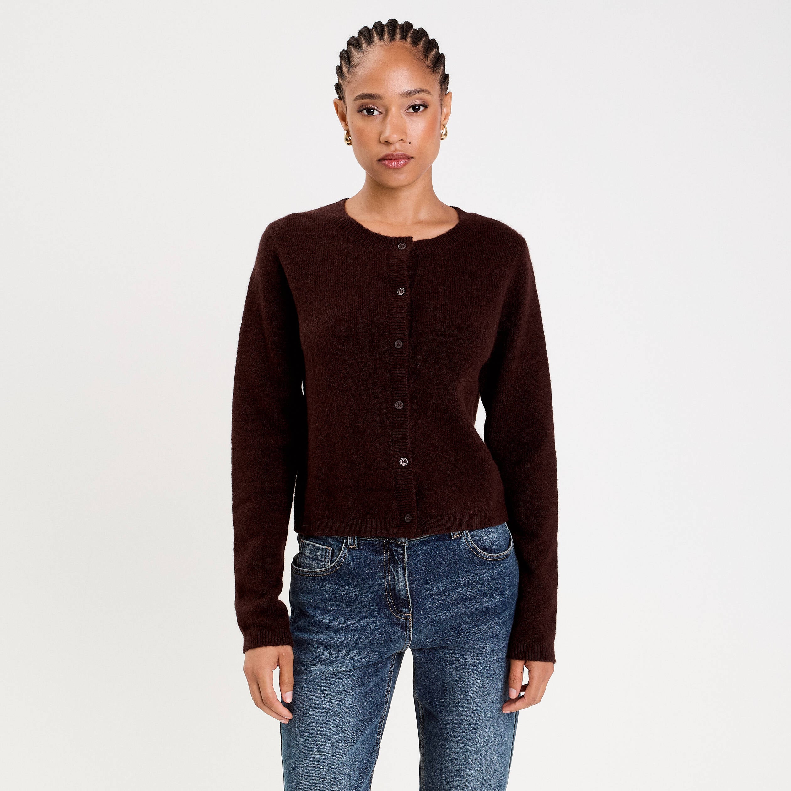 Gilet boutonn&eacute; manches longues marron fonc&eacute; femme