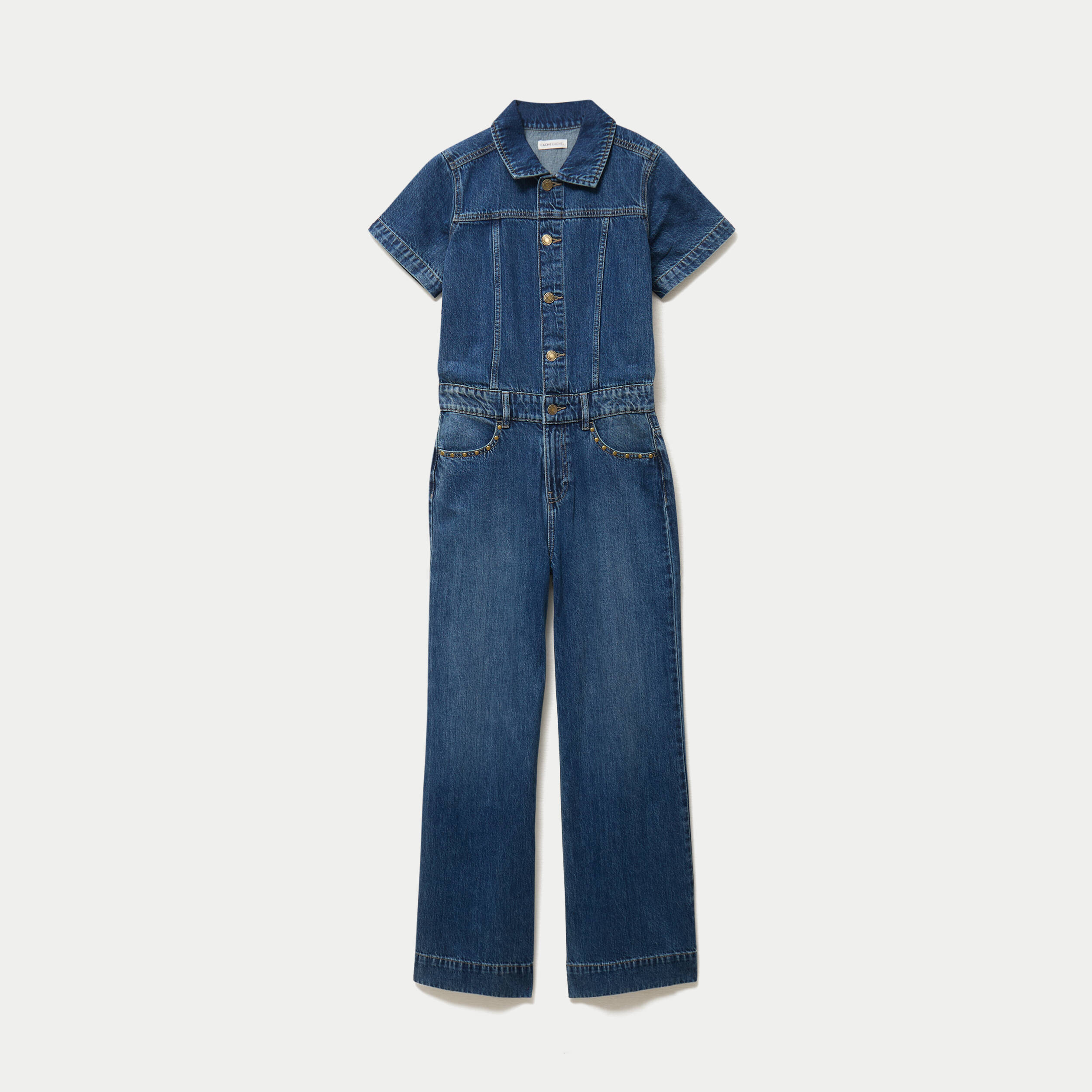 Combinaison jean flare col am&eacute;ricain denim stone femme