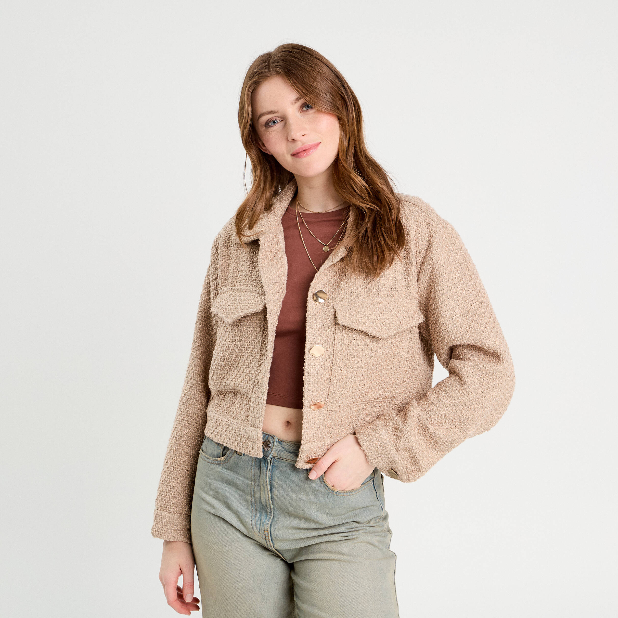 veste tweed boutonnee sable femme Veste tweed boutonnée sable femme