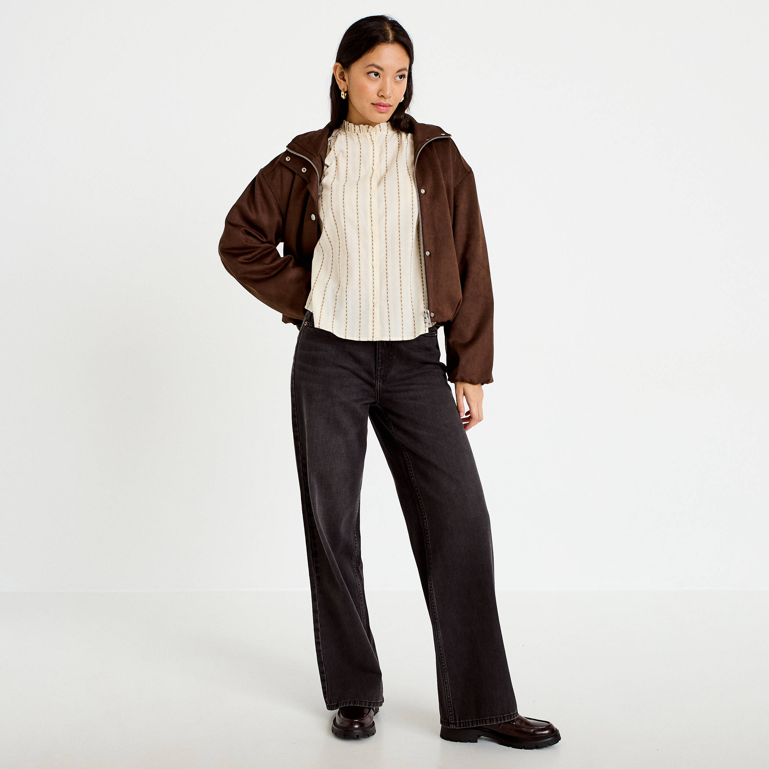 Blouse ajour&eacute;e manches longues marron femme