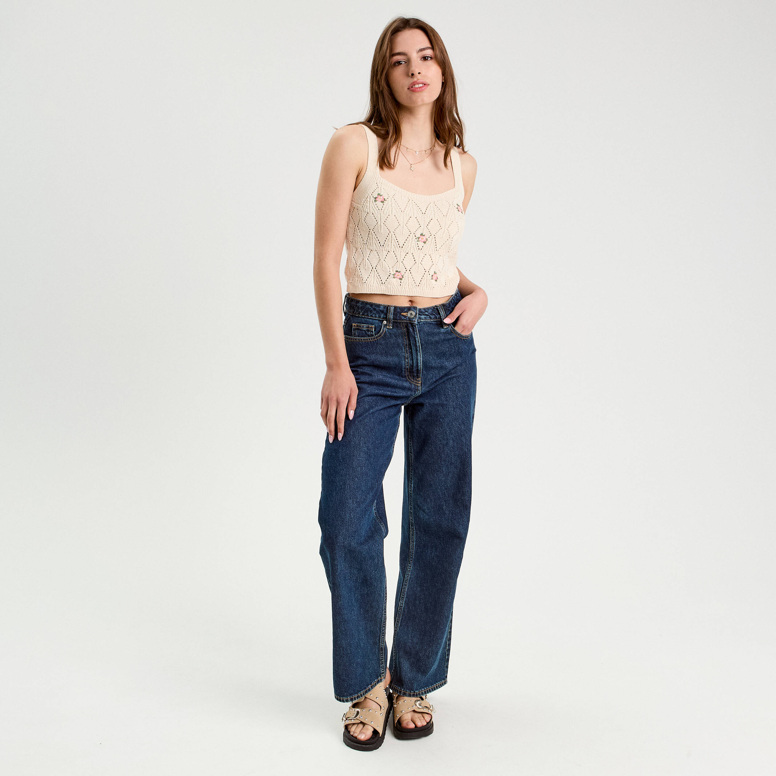 debardeur tricot brode ecru femme Débardeur tricot brodé ecru femme